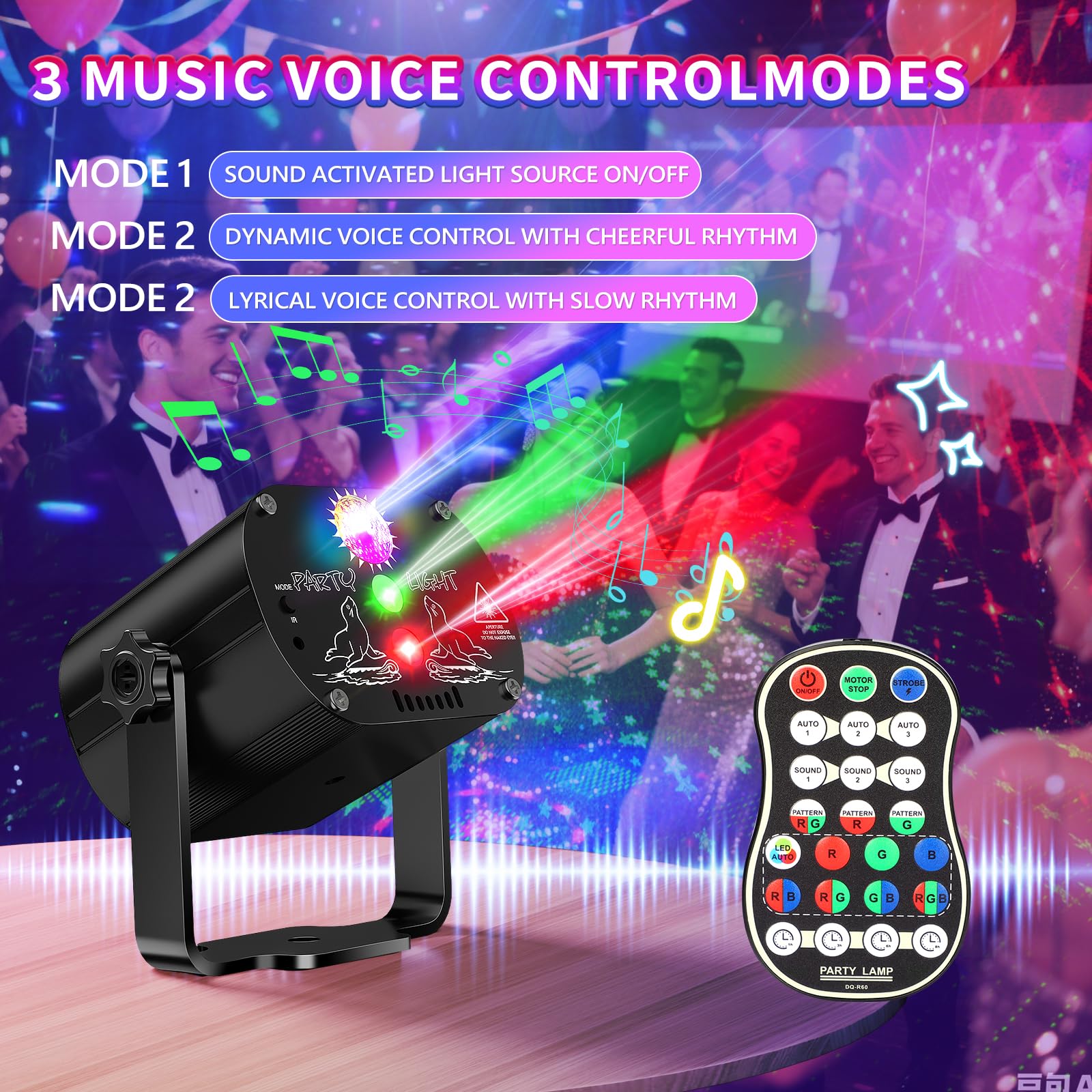 Luz de fiesta Tyonto con disco LED inalámbrico, batería de 4500 mAh y controlada por música. Proyector de 60 patrones, efecto estroboscópico, control remoto y cable USB de 2 m, ideal para fiestas