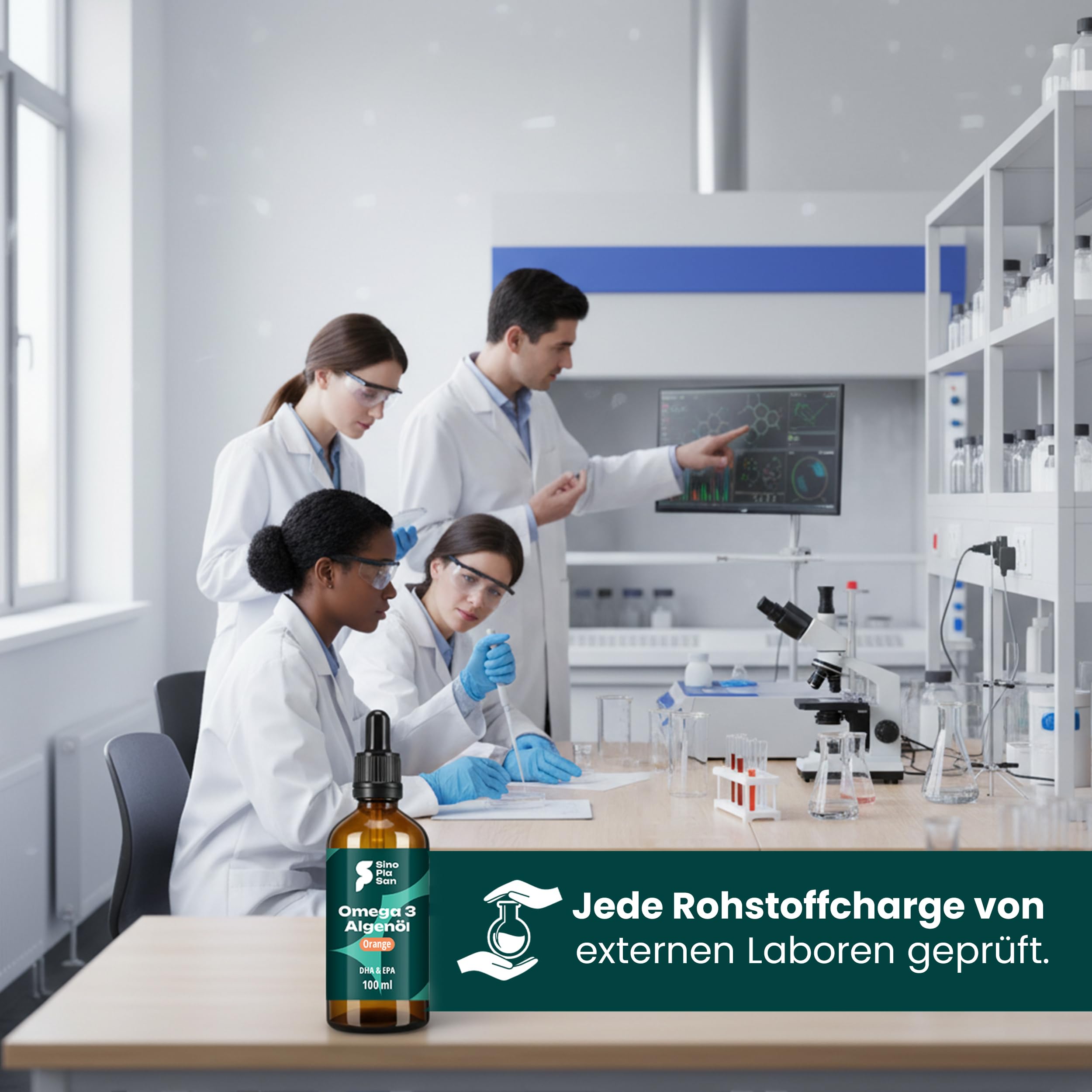 SinoPlaSan Premium Omega 3 Algenöl vegan hochdosiert 100ml mit Orangennote | Mit 1000mg DHA und 535 EPA für Herz, Gehirn und Sehkraft - Made in Germany