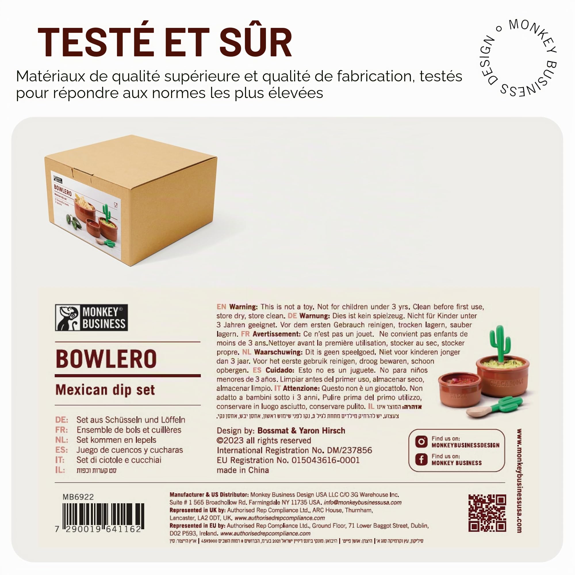 Monkey Business Bowlero : Kit de Bols en Terre Cuite pour Trempettes Mexicaines, Guacamole, Salsa et BBQ - 3 Bols à Soupe + 2 Cuillères