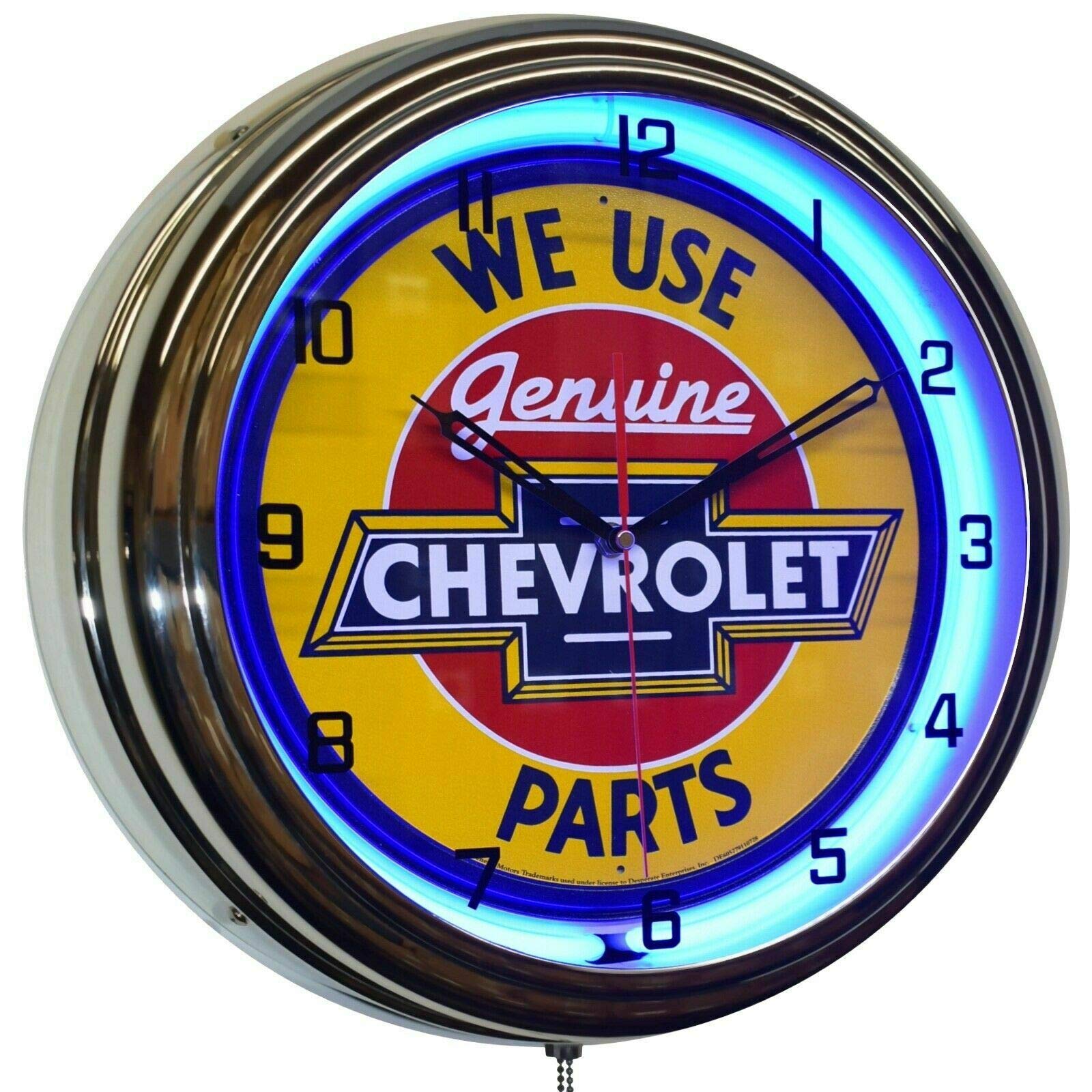 16" We Use Chevy Genuine Parts Sign Blue Neon Advertising Clock Garage