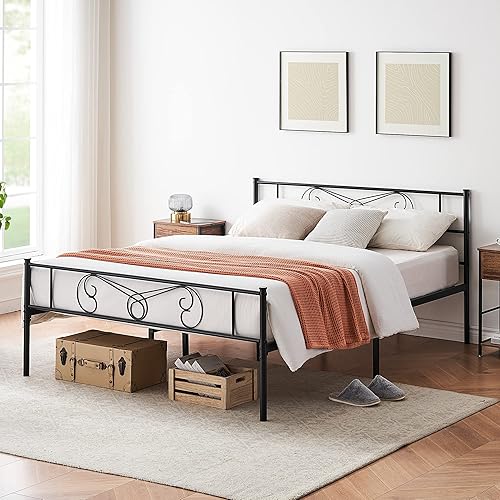 Alkmaar Base de cama Queen con cabecero y estribo, base de colchón de metal con almacenamiento, no necesita somier, fácil montaje, negro (Queen)