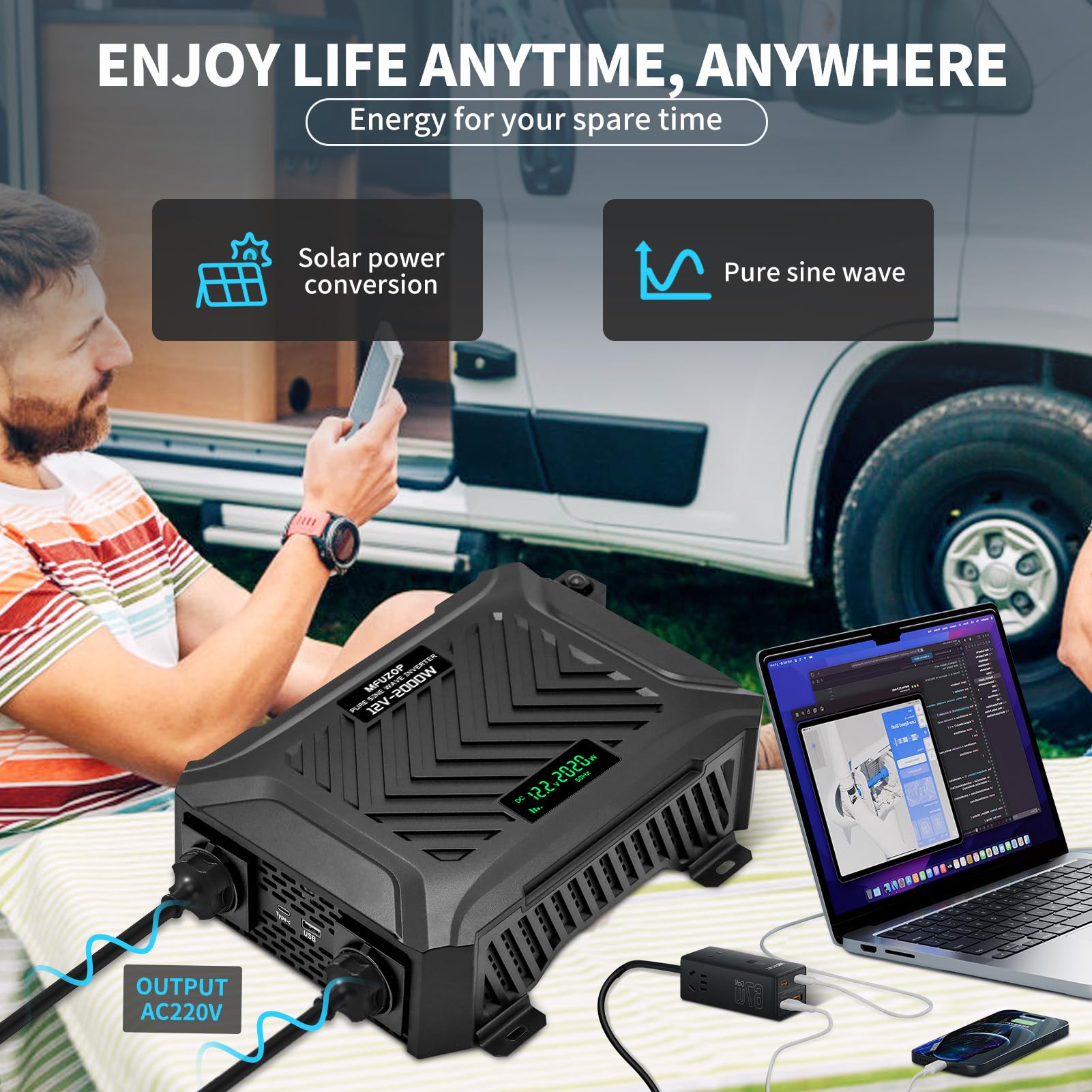 Inverter 12V DC a 220V AC 2000W Onda Sinusoidale Pura, Trasformatore Potenza Pico 4000W, Convertitore con Display LCD, 2 Presse AC, Porta USB-C e 1 Porta USB-A per Casa, Camper, Camion e Auto