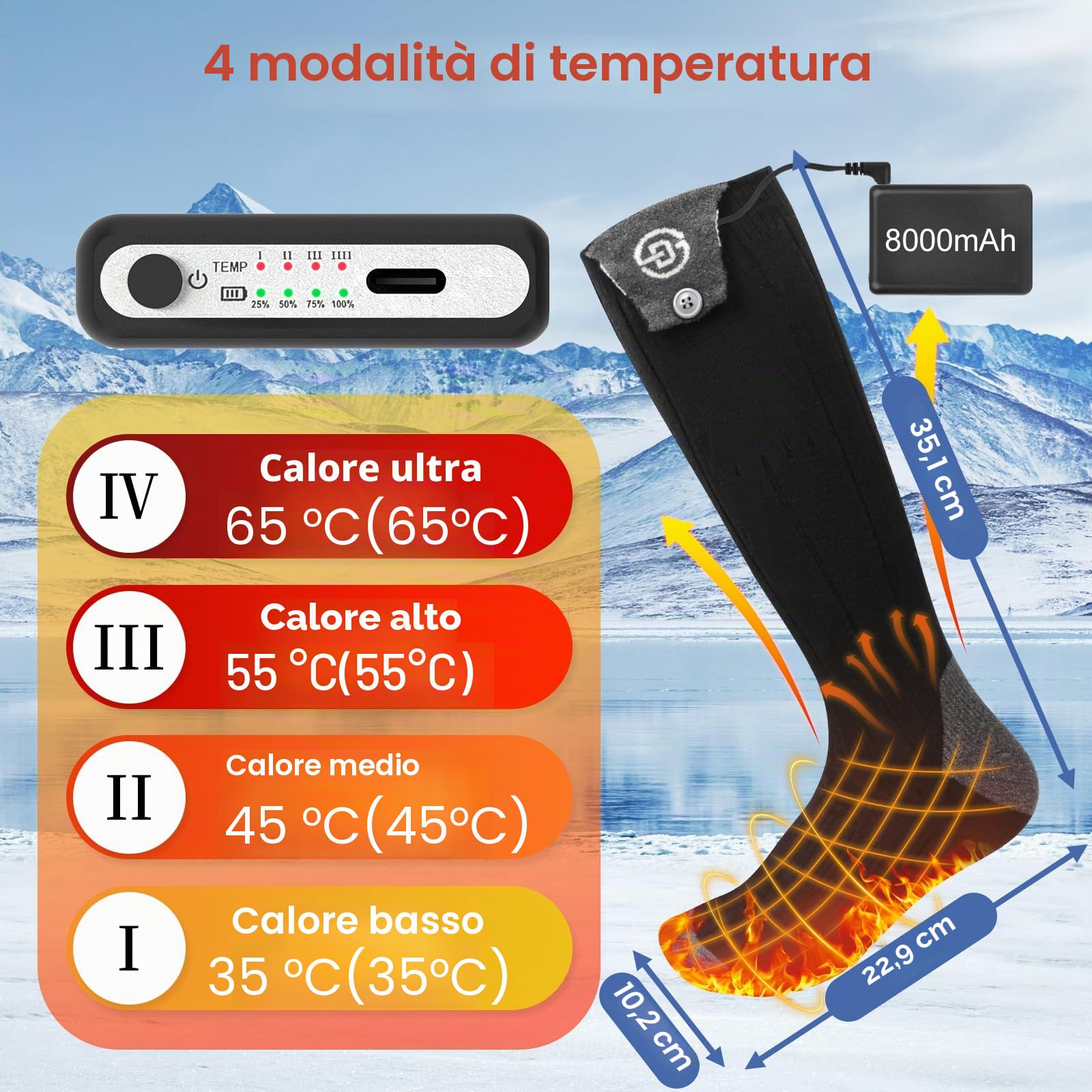Calze Riscaldate a Batteria 8000mAh Calzini Riscaldanti Unisex con 4 Temperature Calze Riscaldanti Scaldapiedi Elettrico Con Controllo App Lavabili per Sci, Campeggio, Escursioni, Ciclismo