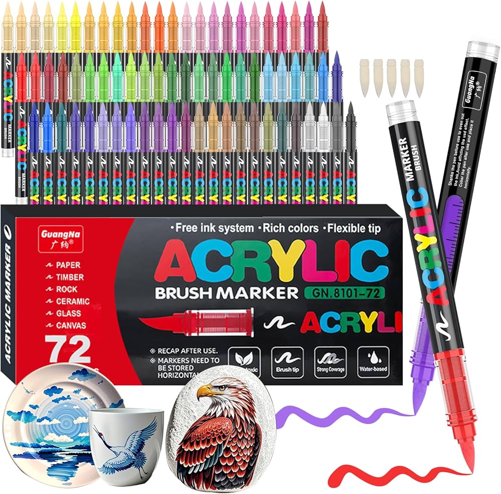 Feutre Acrylique, 72 couleurs Acrylic Paint Marker avec embout pinceau flexible, liquide direct Acrylic Brush Marker feutres coloriage pour la peinture sur roche, céramique, bois, verre