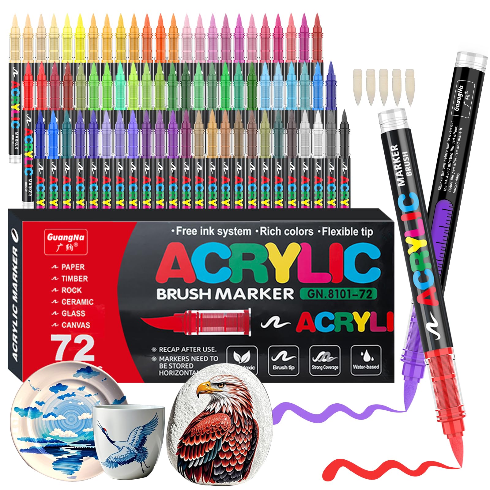 Feutre Acrylique, 72 couleurs Acrylic Paint Marker avec embout pinceau flexible, liquide direct Acrylic Brush Marker feutres coloriage pour la peinture sur roche, céramique, bois, verre