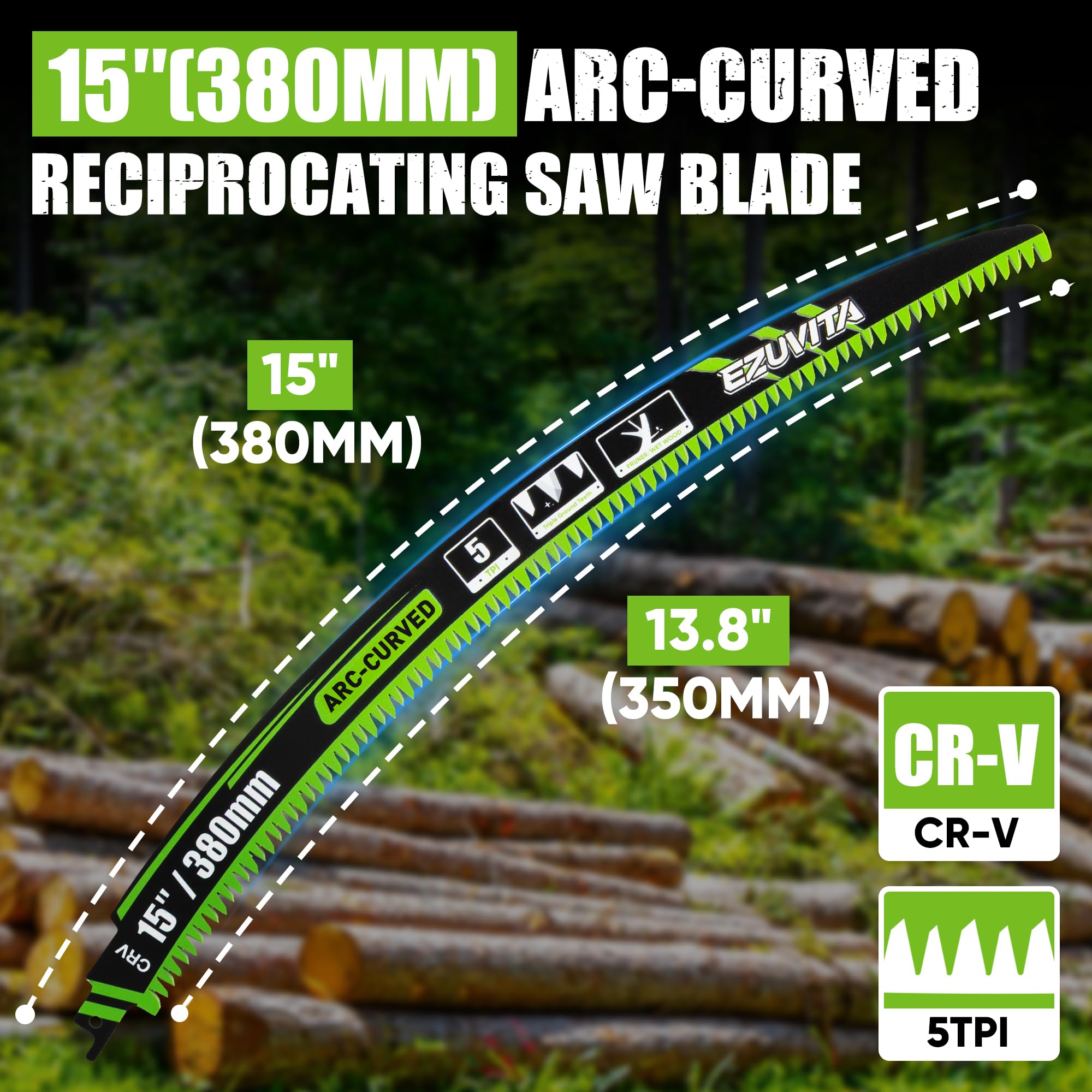 Lot de 5 lames de scie sabre d'élagage à dents japonaises de 380 mm, tranchant arqué 5 TPI, pour l'élagage et la coupe du bois