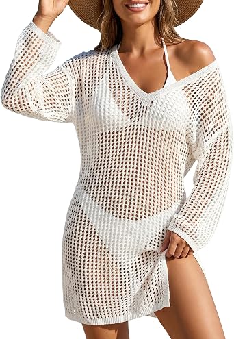 SOCIALA Women Swimsuit Coverup Crochet Long Sleeve Beach Cover Up Dress