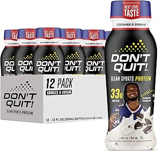 DON’T QUIT Clean Sports Protein Shake - 33 Grams of Protein Per Serving with 26 Vitamins & Minerals and Only 1 Gram of Sugar - No Artificial Colors, Flavors, or Sweeteners (Cookies & Cream, 12 Pack)