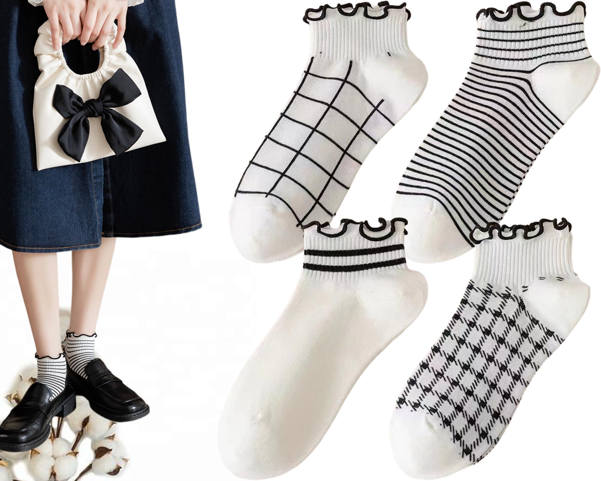 CHUNFO Womens Socks Ruffle Ankle Striped Bows Argyl Plaid Dots White Cotton Sock Crew Size5-9 Size6-11