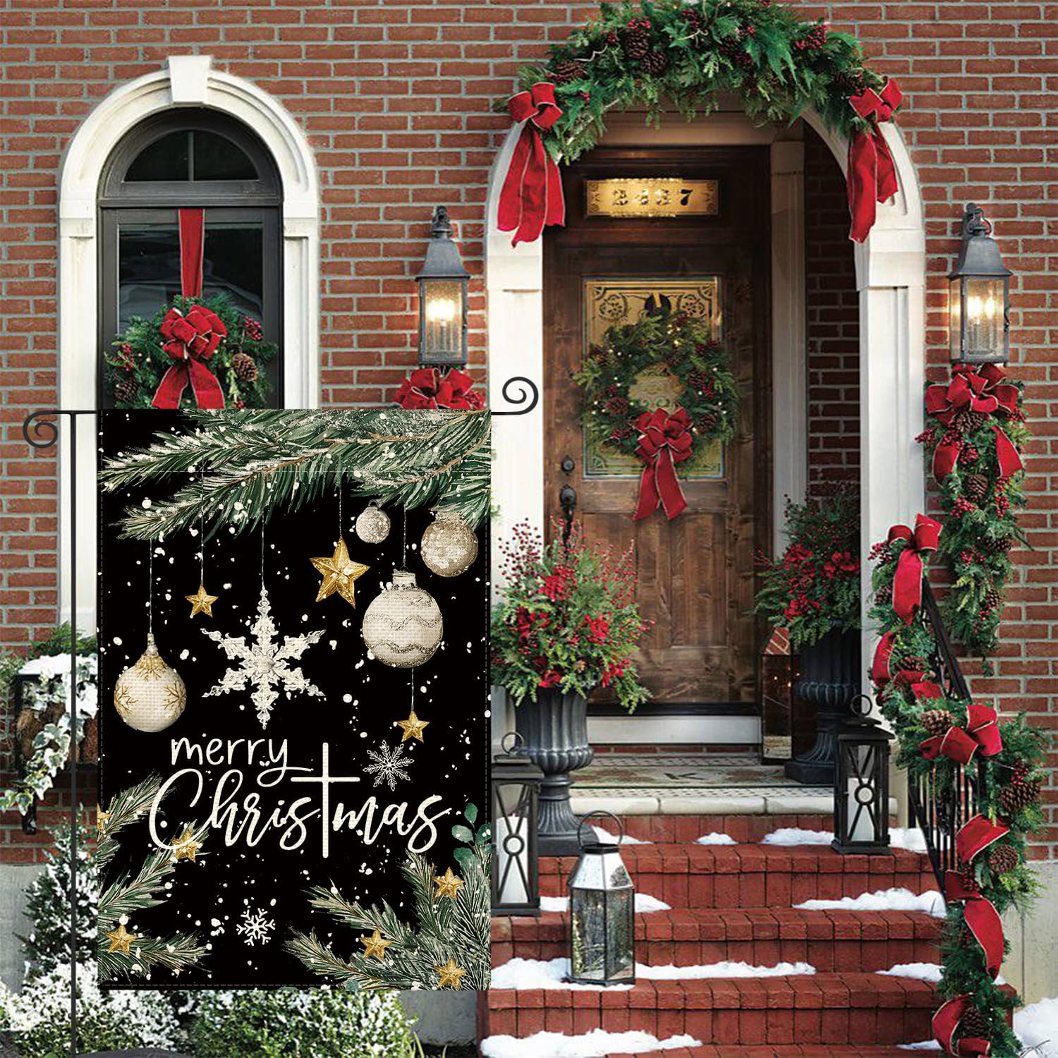 AVOIN colorlife Merry Christmas Garden Flag 12x18 Inch Double Sided Outside, Ornament Baubles Winter Holiday Yard Outdoor Flag Black - Image 2