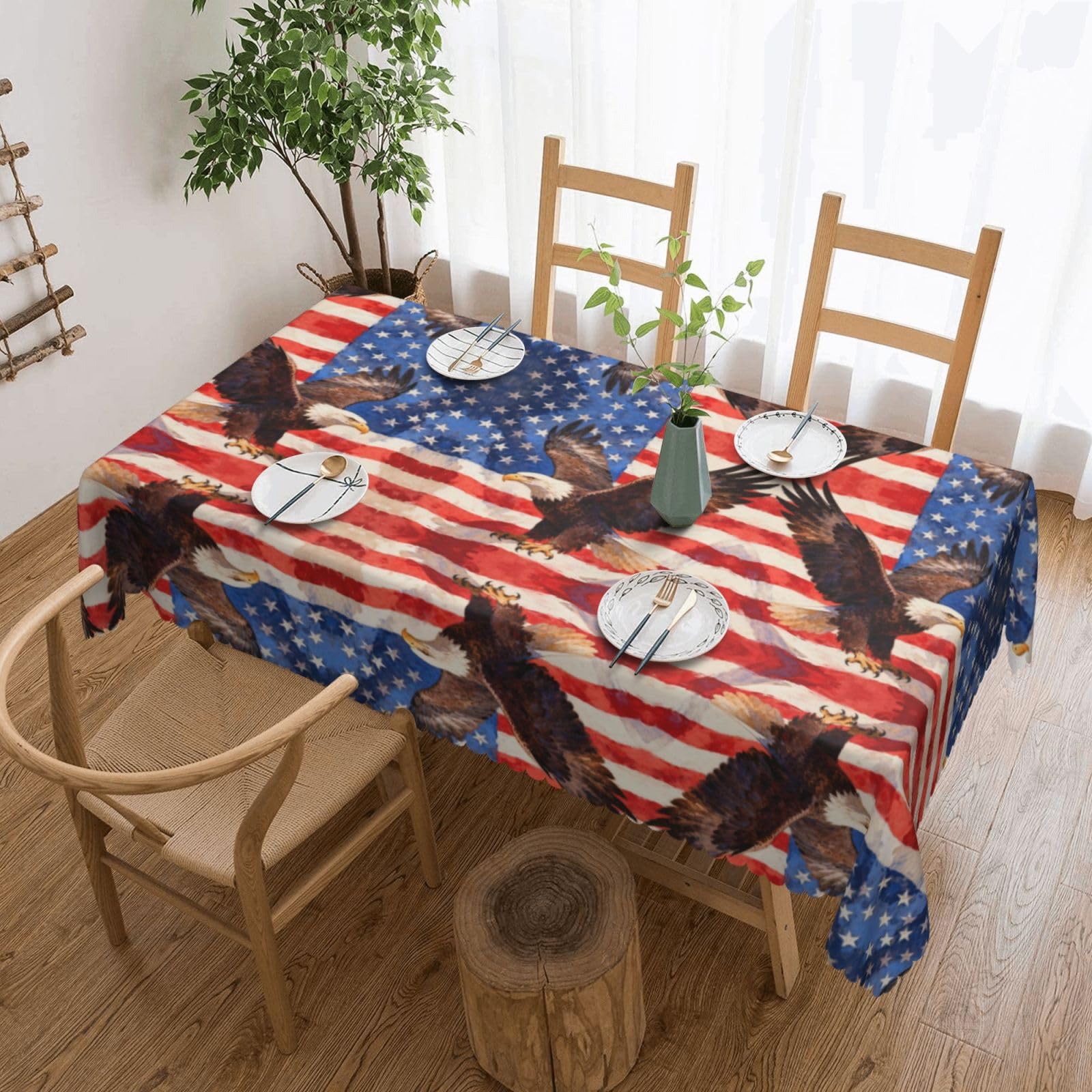 CNTDBU Veteran Eagle Badge Scalloped Edge Tablecloth 54x72-Waterproof Stain Resistant Wrinkle Free Cover, Square Table Cloth for Dining Party