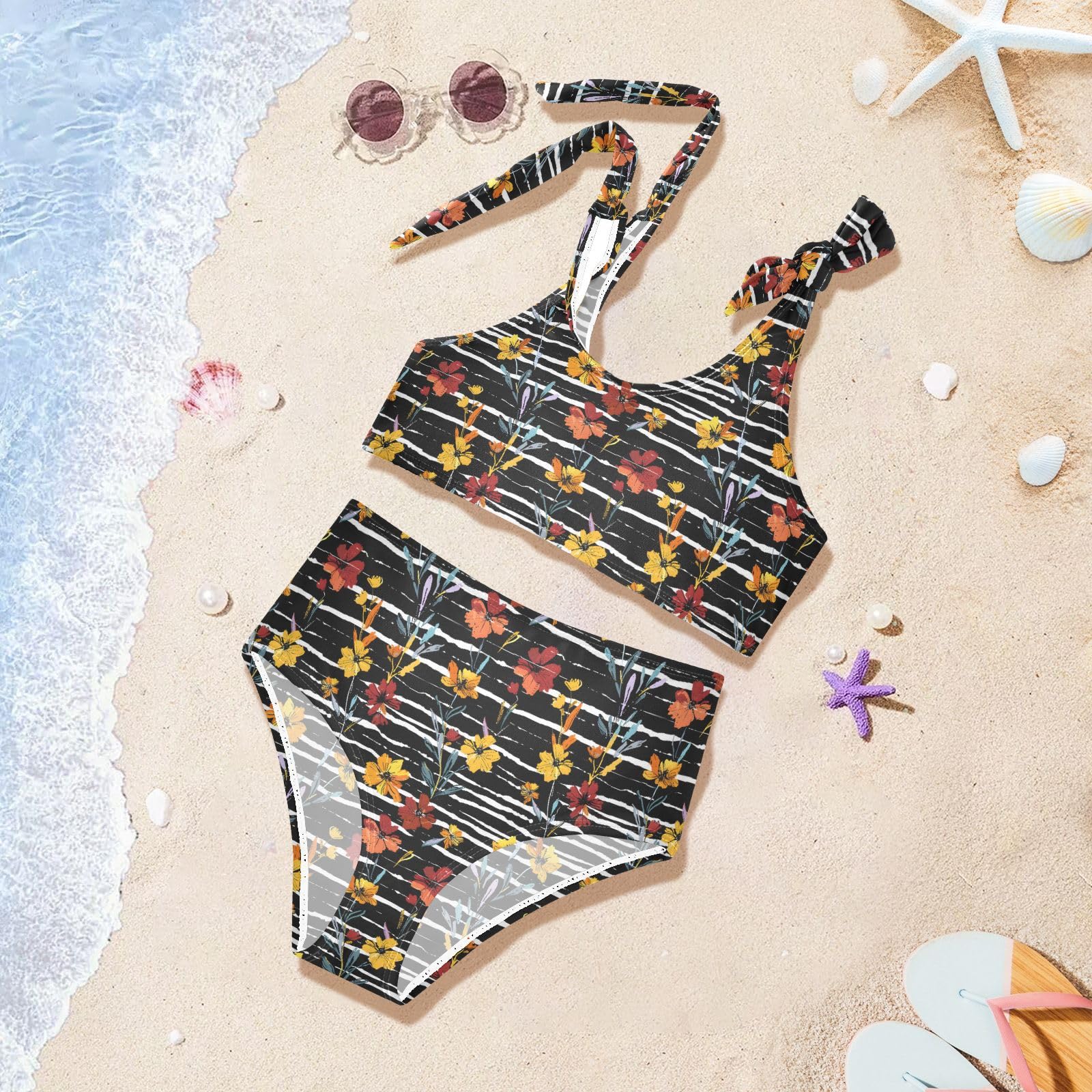 Black Stripe Flowers Girls Two Piece Tankini Swimsuits Summer Bathing Suit Beach Swimwear Set, 3T