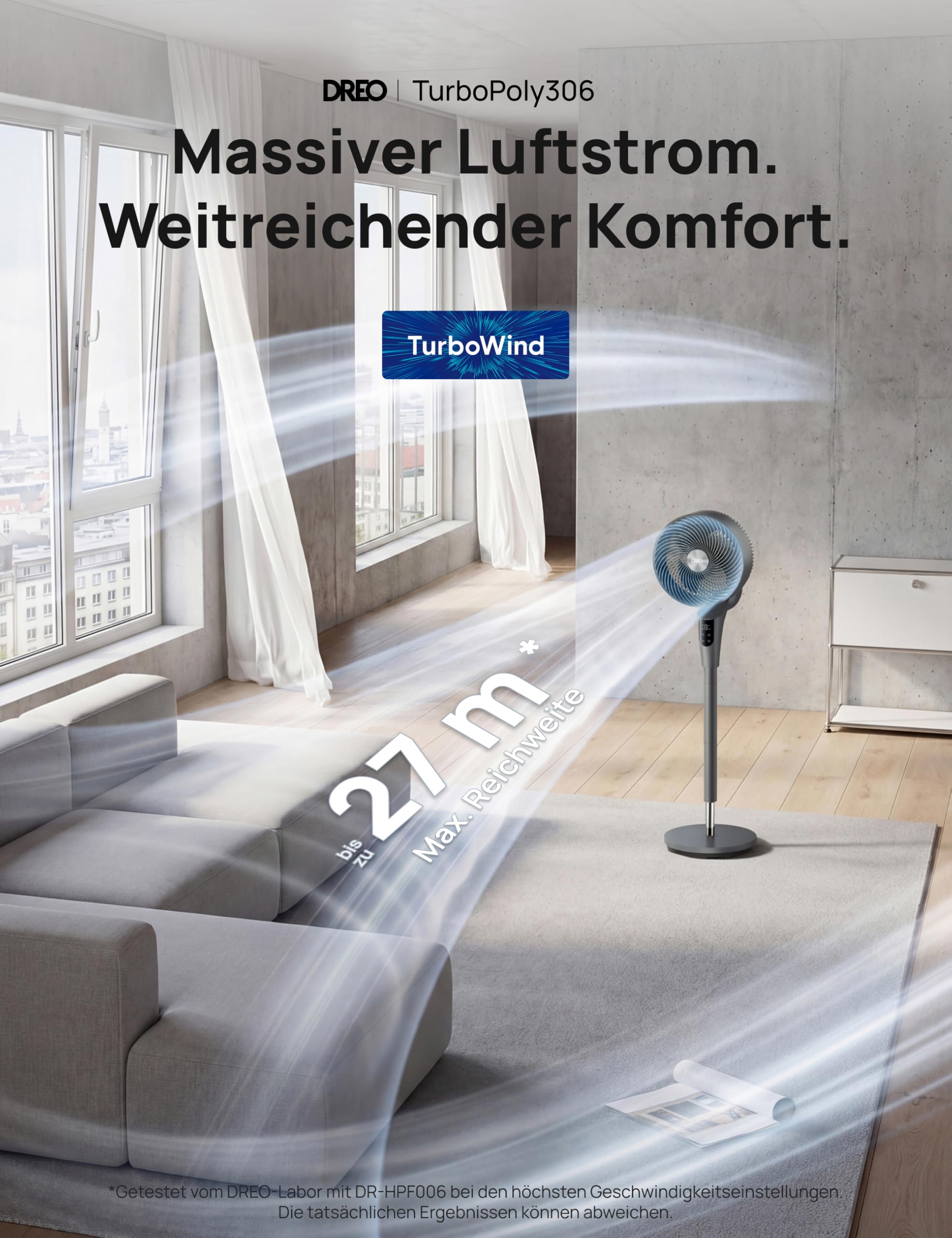 DREO Leiser Standventilator für Schlafzimmer [Verbessert], 27m Luftstrom, Leise, 90° Oszillierend, DC-Motor, 8 Geschwindigkeiten, 3 Modi, 96–106cm Höhenverstellbar, 8H Timer, 105° Manuell Neigbar
