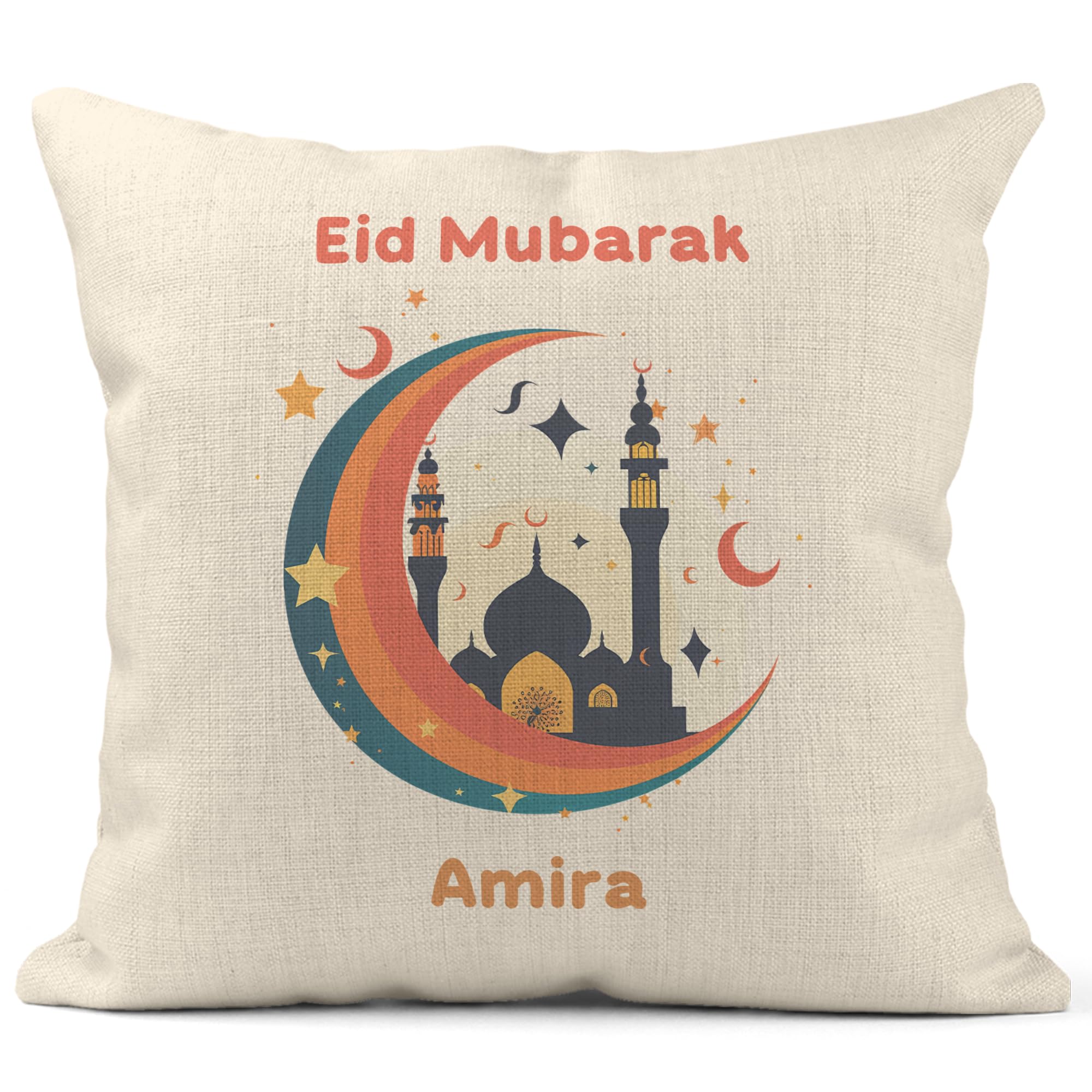 Print Maniacs Personalised Eid Mubarak Cushion Cover – Elegant Islamic Decor Pillow Case – Eid Gift for Family & Friends – Crescent Moon & Mosque Design