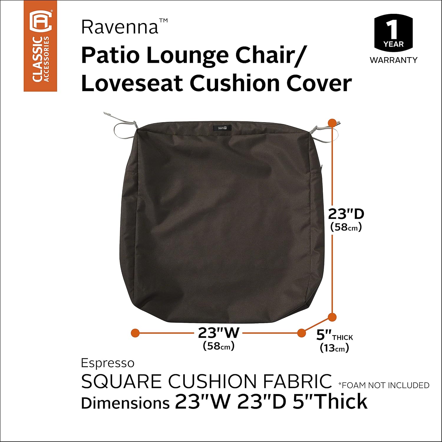 Classic Accessories Ravenna Water-Resistant 23 x 23 x 5 Inch Square Outdoor Seat Cushion Slip Cover, Patio Furniture Chair Cushion Cover, Espresso, Patio Furniture Cushion Covers