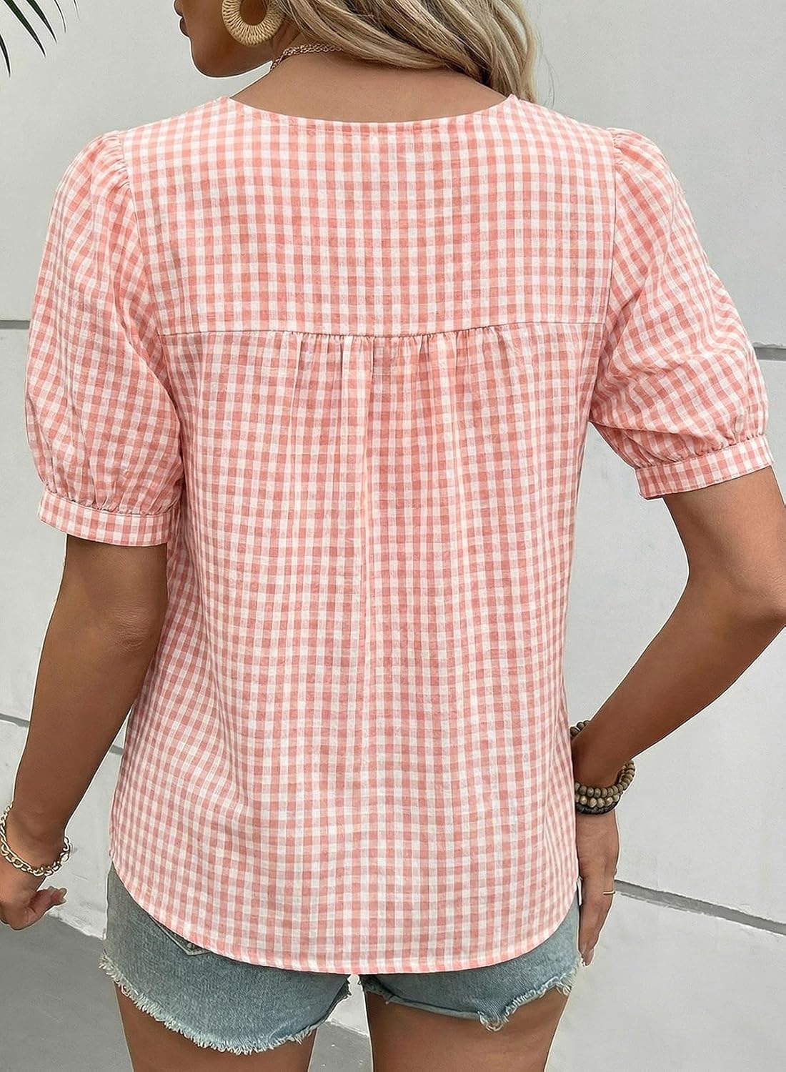 EVALESS Tops for Women Short Sleeve Tunic Blouse Square Neck Gingham Tops Cotton Blend Plaid Shirt Cute Checkered Shirt - Image 3