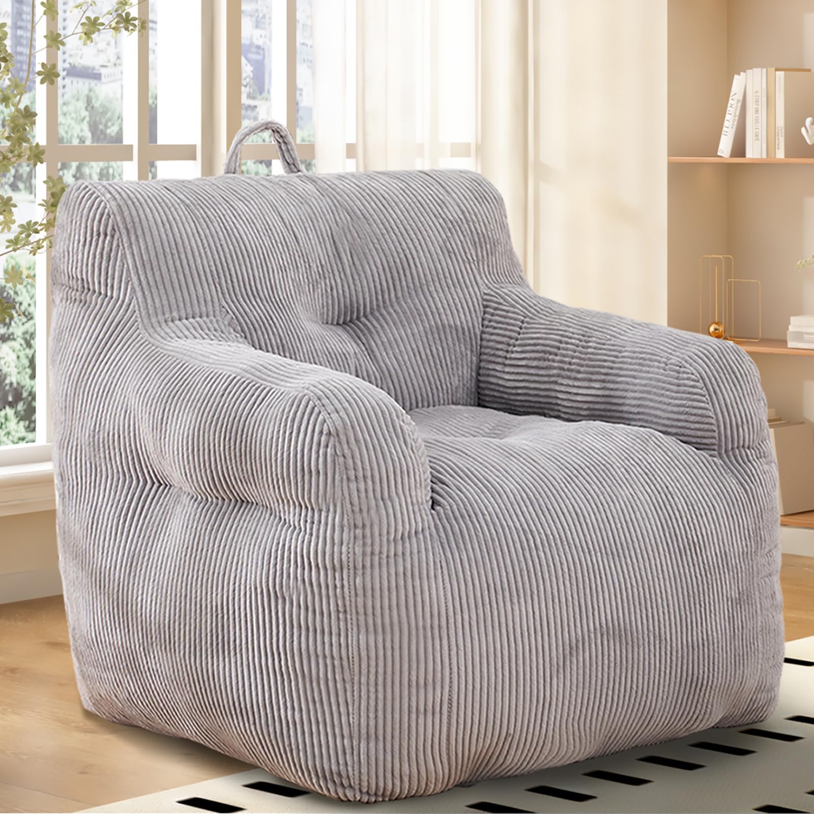 Sudwesto Oversized Bean Bag Chair, Corduroy Upholstered Beanbag Sofa with Filler, Stuffed Bean Bag Couch for Adult, Comfy Beanbag Chair with Pull-Ring, Lazy Floor Sofa for Living Room, Office (Grey)