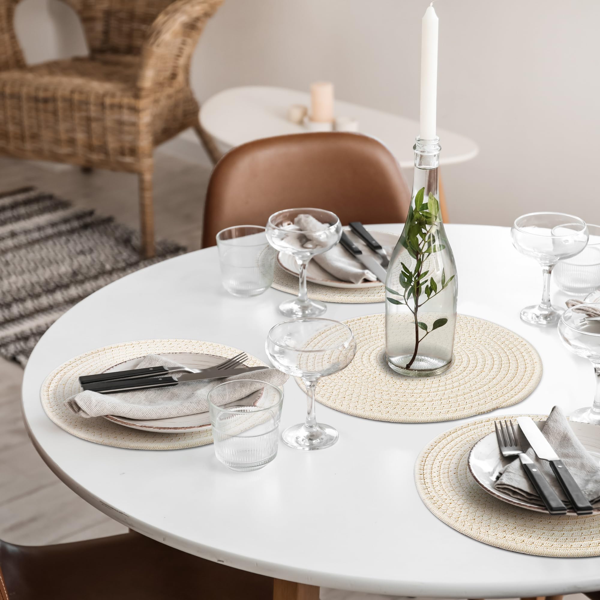 fanquare Set of 4 Round Woven Placemats,Cotton Placemats for Kids Adults Non-slip Washable Heat Resistant Table Mats Coaster Dinner Table Kitchen(Khaki - Image 3