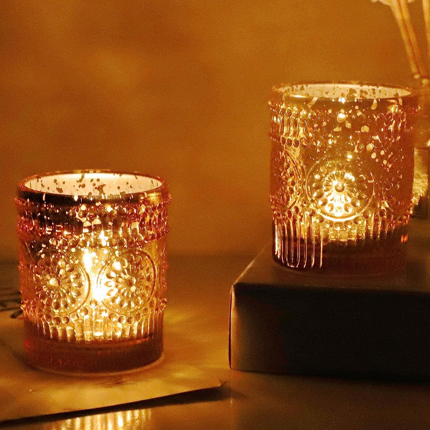 Teelichthalter Gold, 12er-Set Kerzenhalter Glas, Großpackung für den Tischaufsatz bei Hochzeiten, Teelichthalter aus Quecksilberglas (5.5cm x 6.5cm, B/H)