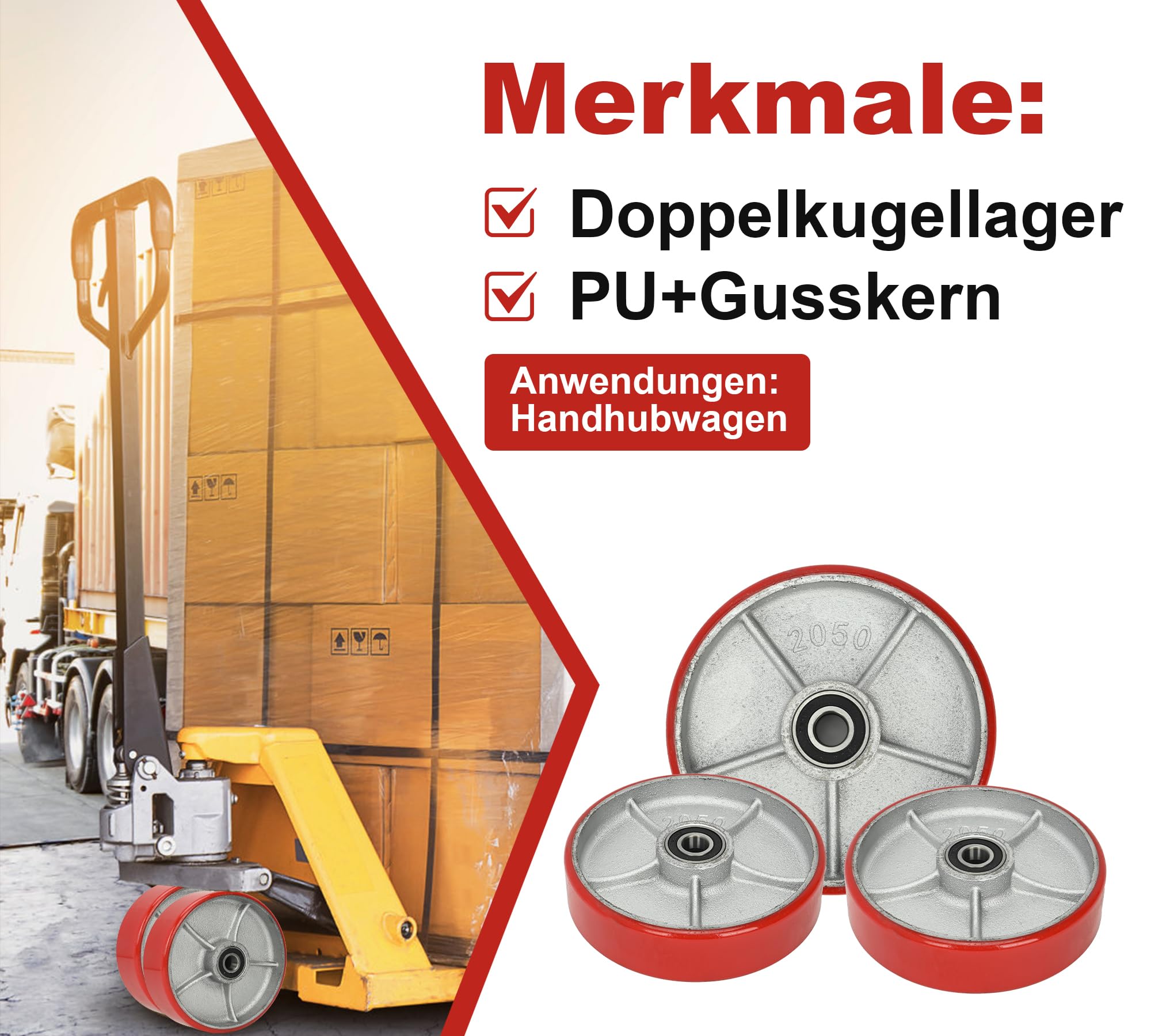 bimiti 2 Stück Hubwagenrollen Polyurethane/PU Ø200 x 50 mm, Achse 20 mm inkl. Kugellager Rollen für Hubwagen Ersatzrollen, Swivel Castor for Pallet Trucks,Max. Belastung 3000 KG