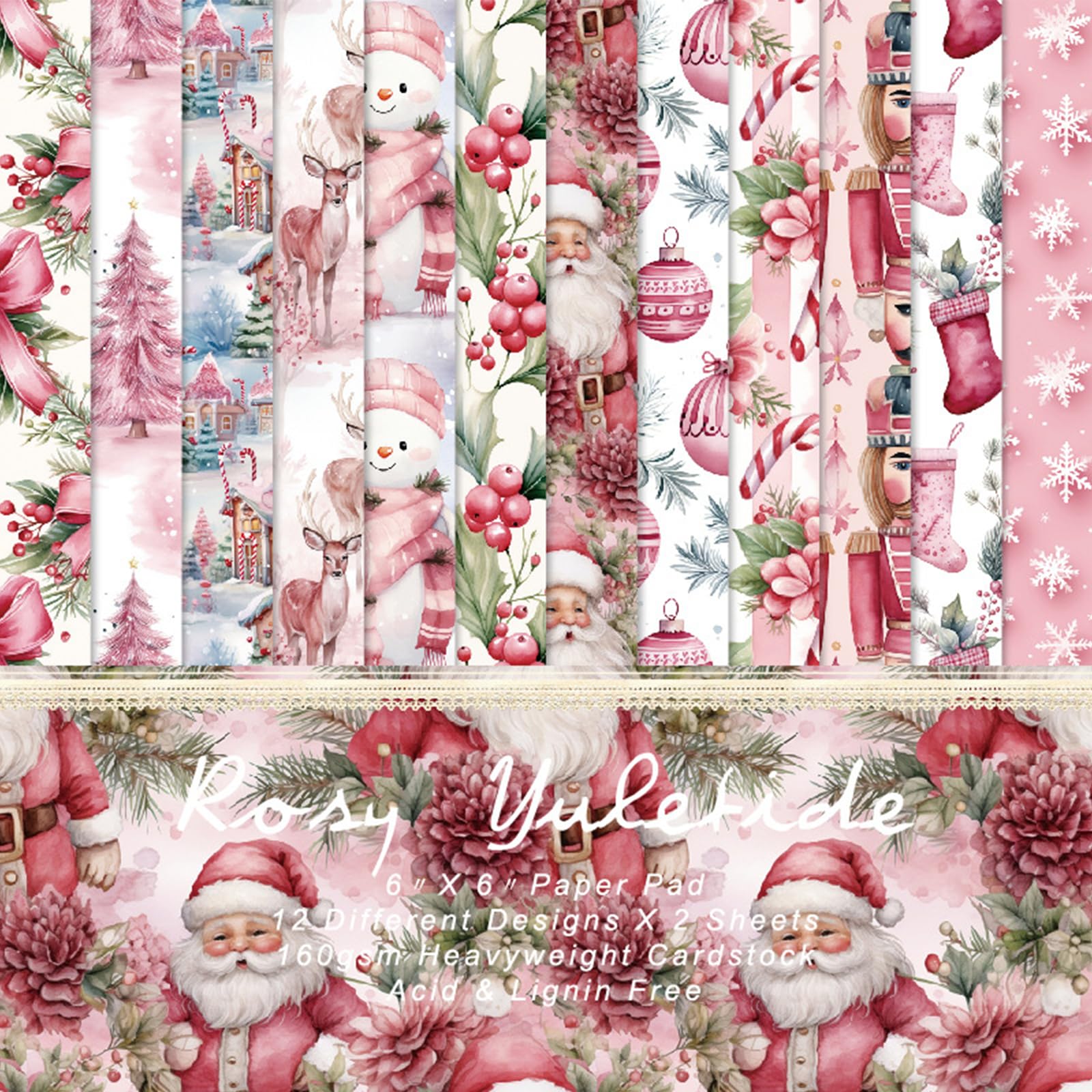 24 Sheets Christmas Pattern Paper Pads,12 Designs Xmas Pink Decoupage Papers Set,Single Sided Festival Christmas Craft Paper Scrapbooking Supplies for DIY Crafting,Gift Wrapping