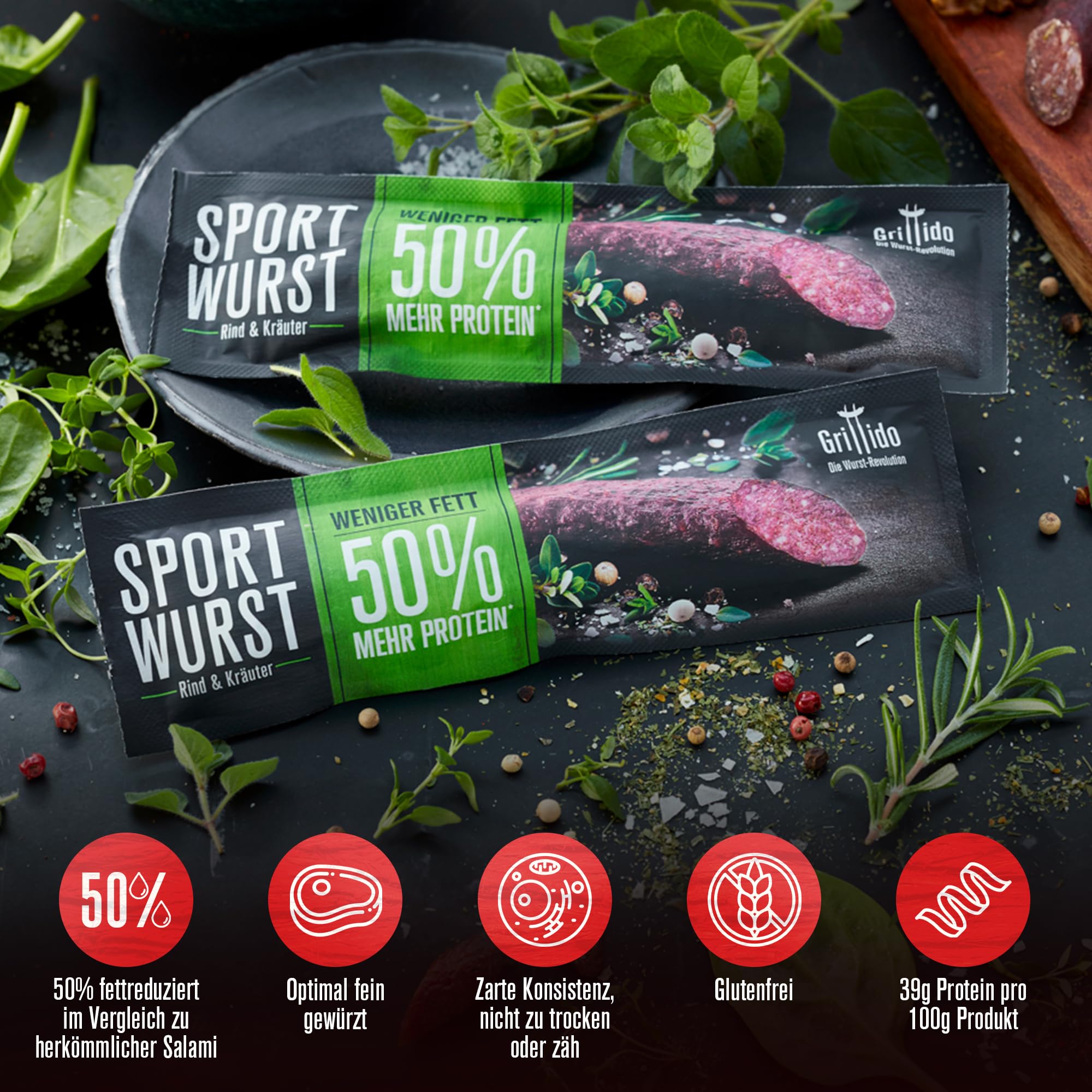 Grillido Sportwurst Rind & Kräuter 25x20g (500g) aus Österreich – Proteinreicher Fleischsnack mit 39% Eiweiß, ohne Zucker, ohne Schweinefleisch – Herzhafte Alternative zu Beef Jerky & Proteinriegel