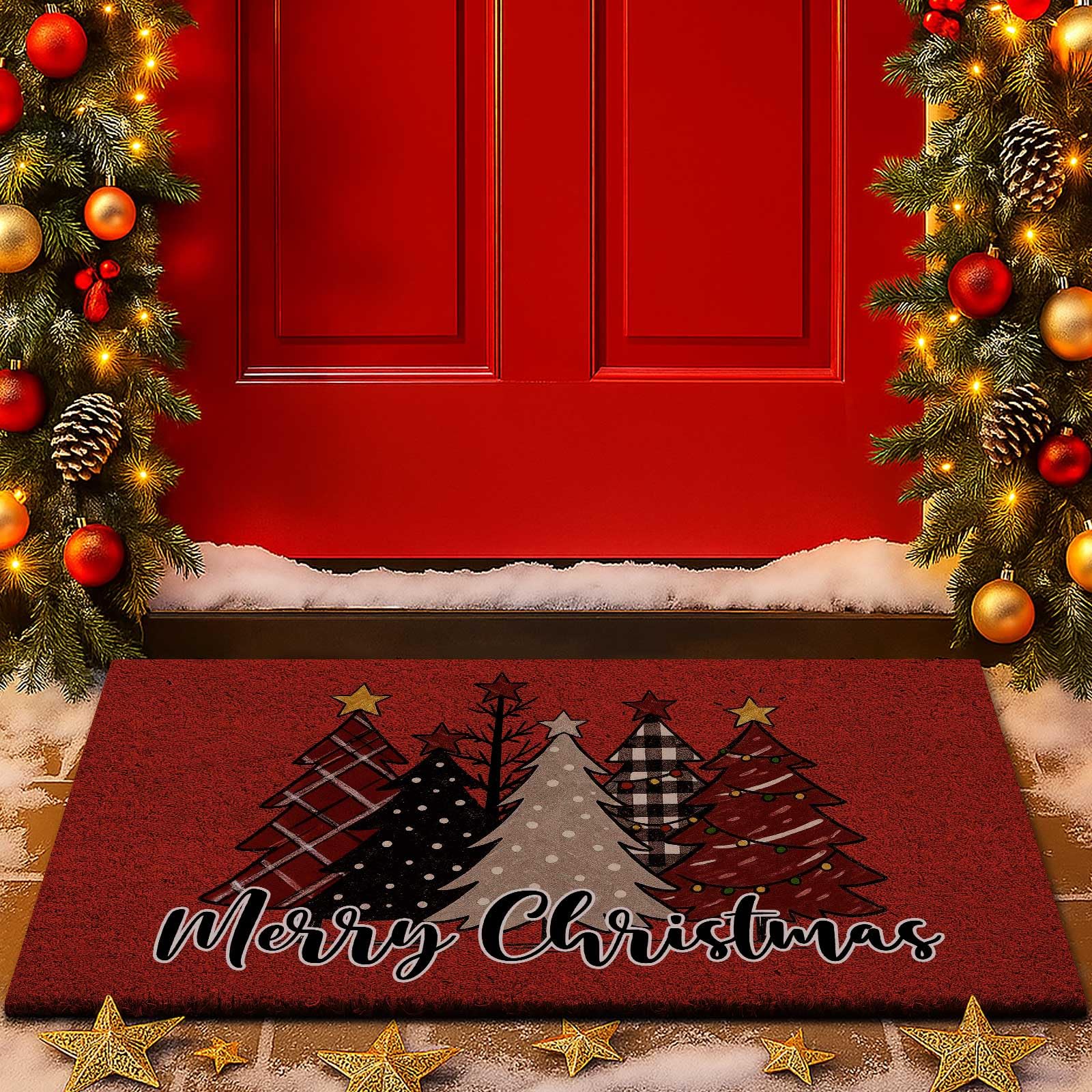 Lanpn 42x75cm Zerbino cocco Natale, Foresta Albero di Natale Antiscivolo Gomma Naturale Tappeto Porta Ingresso Esterno Esterni Tappeto Antiscivolo Zerbino Ingresso per decorazioni natalizie (Rosso)
