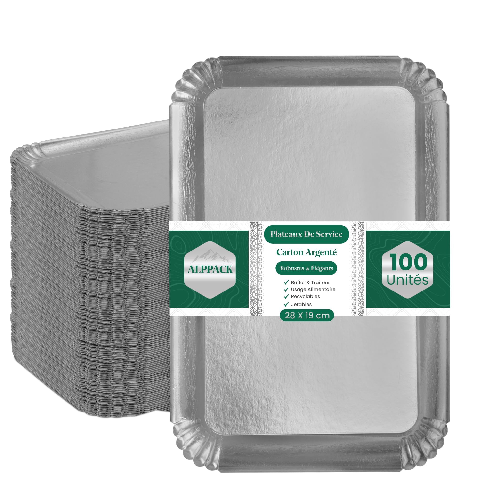 Bandeja de servicio de cartón grueso plateado 28 × 19 cm – Lote de 100 Bandejas desechables profesionales – Expositor Aperitivo Buffet – Bandeja desechable para buffet, boda, recepción y evento