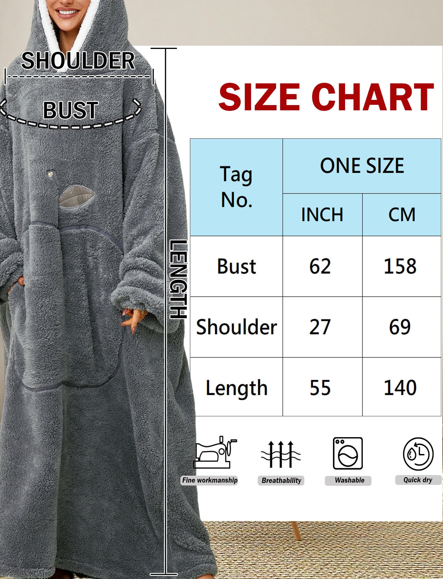 Extra Long Sweat à Capuche Femme Doux et Chaud Couverture avec Capuche en Peluche Wearable Blanket Hoodie Oversize