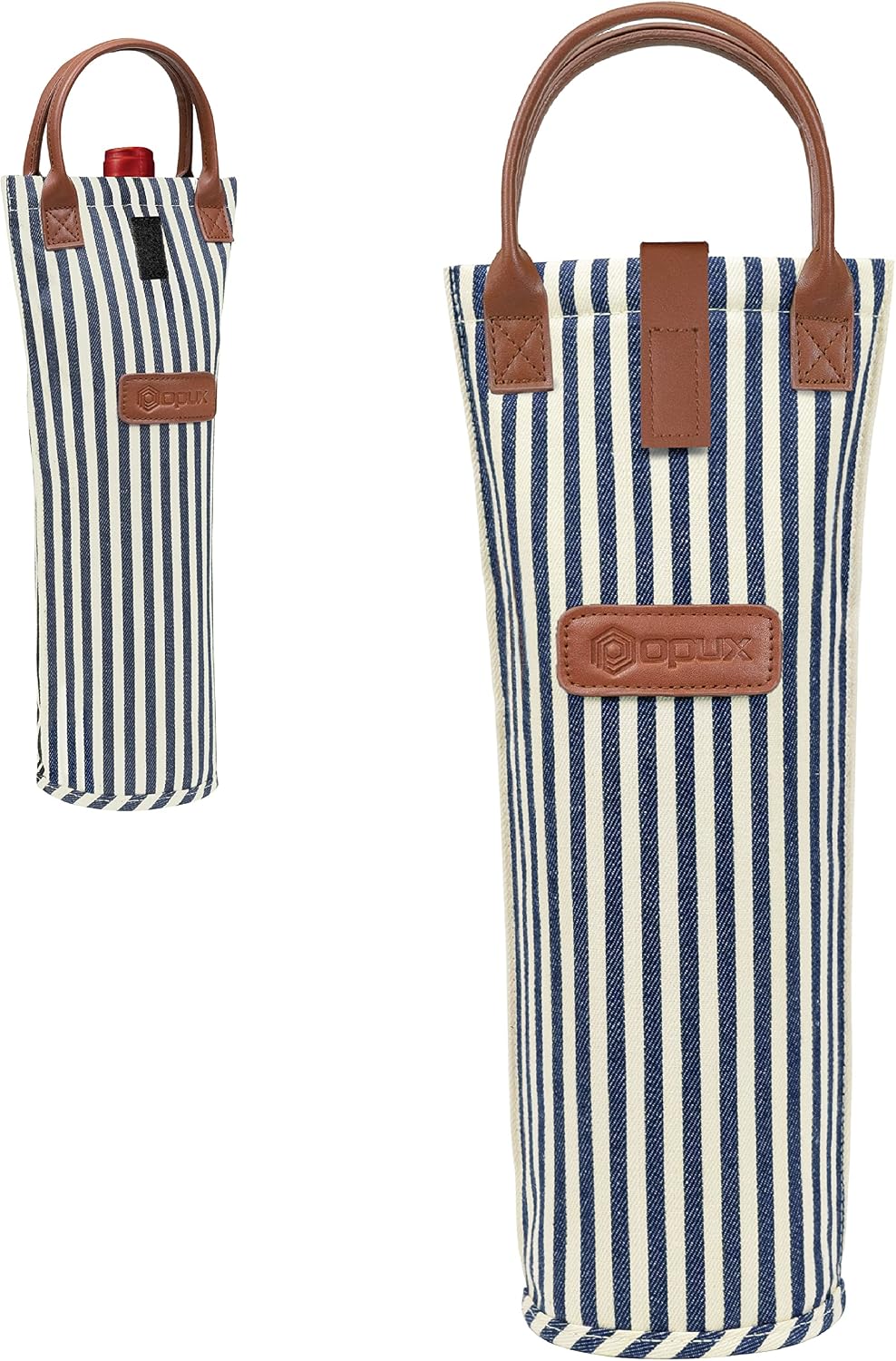opux Single Bottle Wine Bag Carrier Insulated Wine Cooler Tote Stripe Navy | 1 Bottle Fit, Thermal Insulated Padded Cooler, Portable Foldable, Wine Lover Gift Women Men Christmas, Protective Case