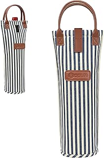 opux Wine Bag Single Bottle Carrier Tote, Insulated Travel Wine Cooler Bag for Picnic Beach Gift, Thermal Padded Portable One Bottle Holder Carrying Case for Women Men Wine Lovers, Navy White Stripes