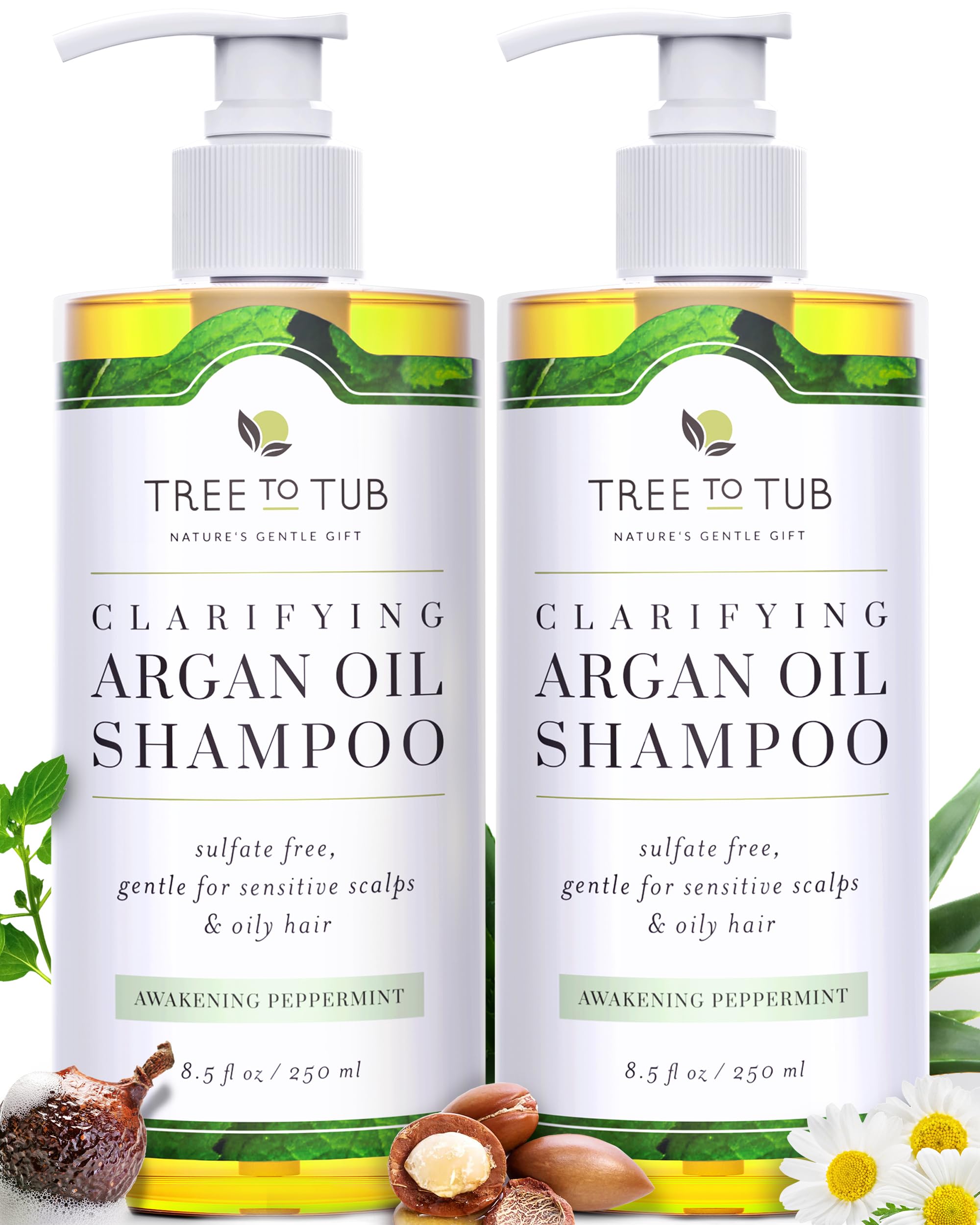 Tree to Tub Peppermint Shampoo for Oily Hair & Sensitive Scalp - Gentle Clarifying Shampoo for Build Up, Sulfate Free Anti Residue Hair Shampoo for Women & Men w/ Organic Argan Oil, Natural Aloe Vera