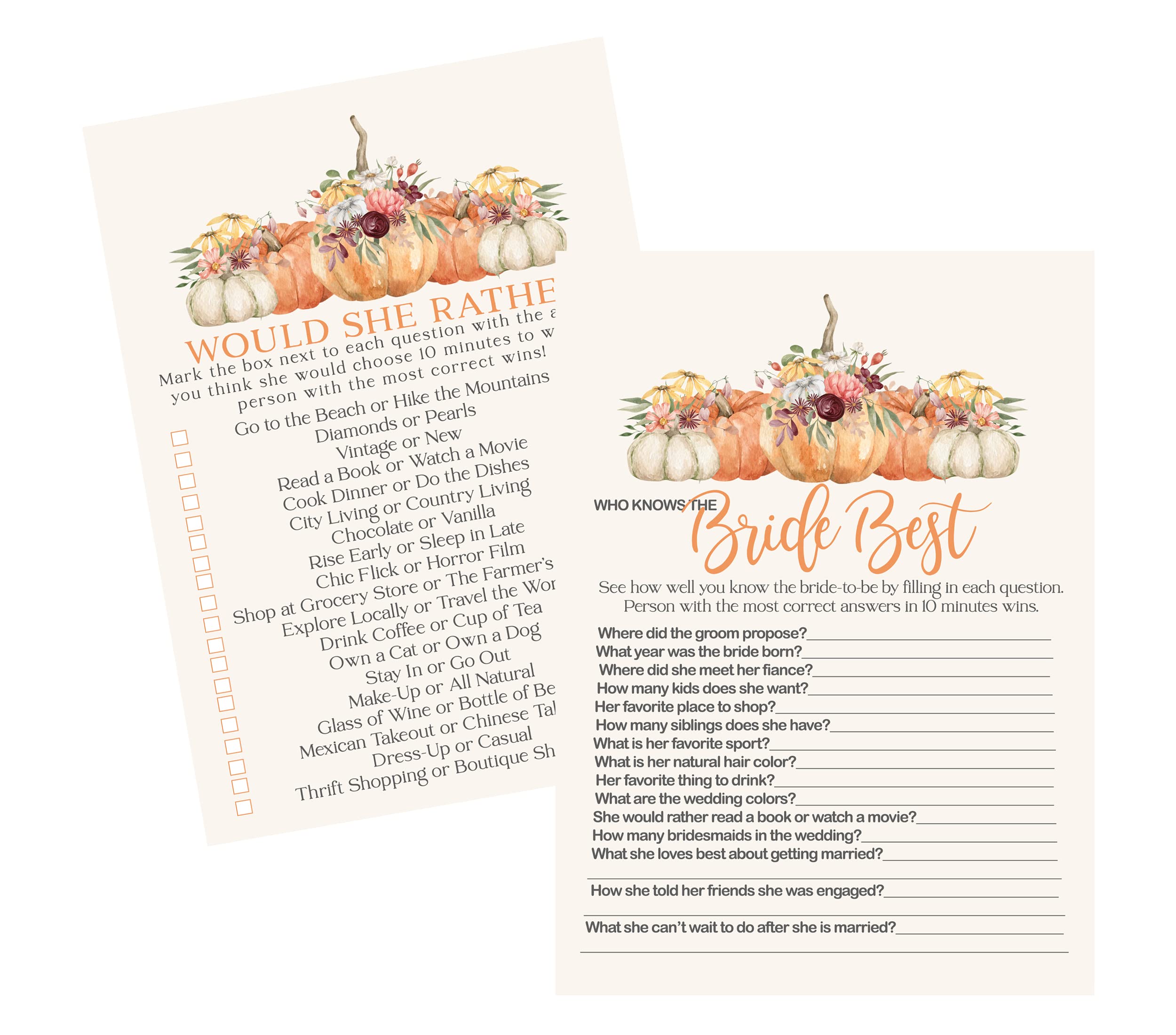 Paper Clever PartyRustic Pumpkin Bridal Shower Game Would She Rather and Bride Best, Hallloween Wedding Activity, Autumn Floral, Double Sided Cards, 25 Guests