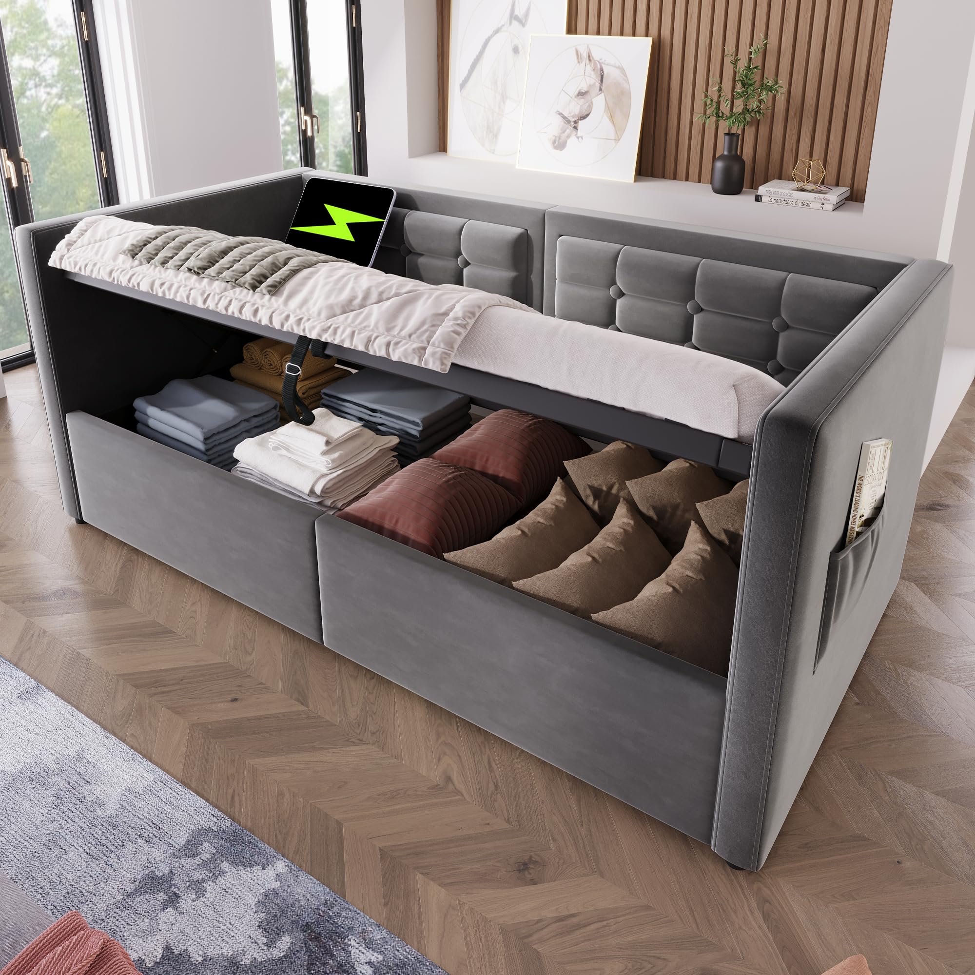 Upholstered Ottoman Bed with Storage, 3ft Single Bed Frame with USB & Type-C Charging Station, Gas Lift Daybed Functional Sofa Beds Hydraulic Storage Beds with Wooden Slats, Velvet, No Mattress, Grey