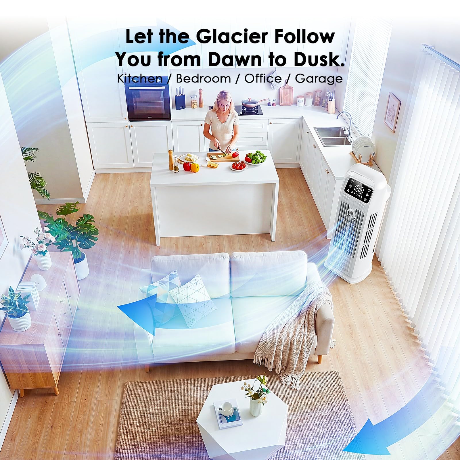 Climatiseur portable sans tuyau 6 en 1, rafraîchisseur d’air à refroidissement par eau, silencieux 36 W, réservoir 1200 ml, mode turbo 7 m/s, pour chambre et appartement, blanc perle