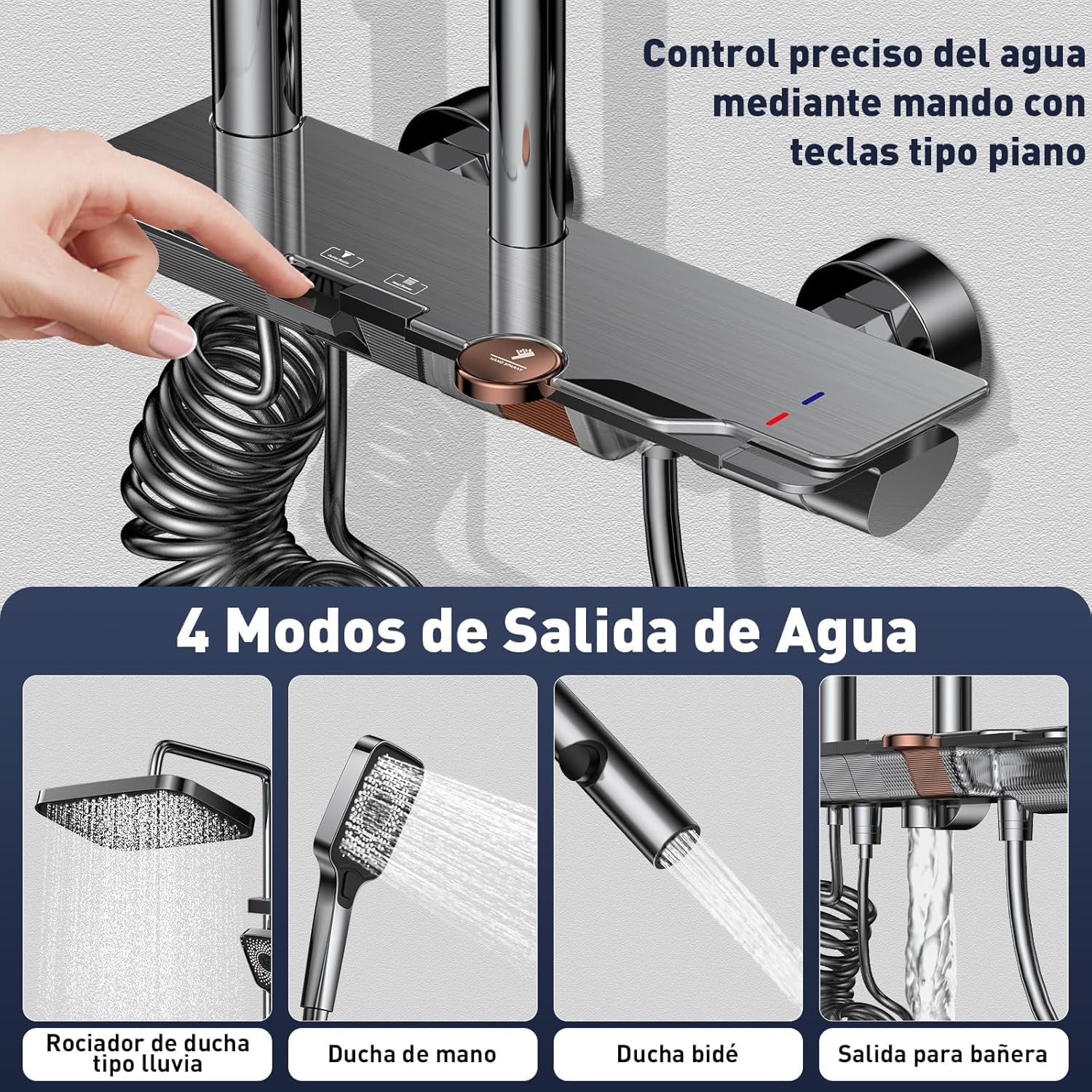Columna Ducha con Grifo, Panel Control Piano 4 Modos y Altura Ajustable, Cabezal de Ducha XL estilo Lluvia, Ducha de Mano, Rociador auxiliar y Grifo Cascada, Grifo Ducha Termostatico Bañera