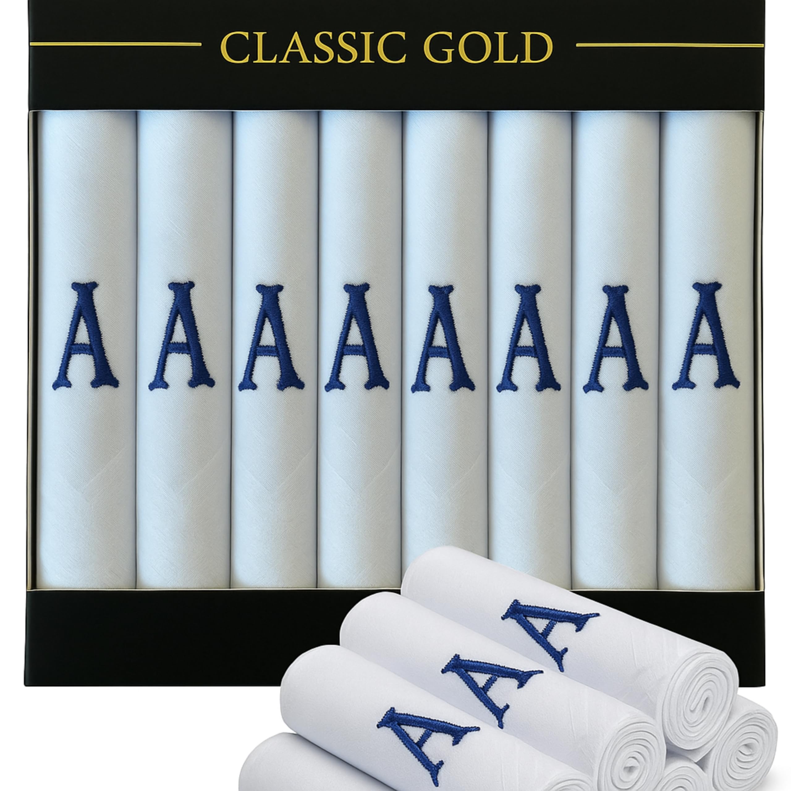 7 Pack of Mens/Gentlemens White Satin Bordered Handkerchiefs with & Blue Embroidered Initials, A, One Size