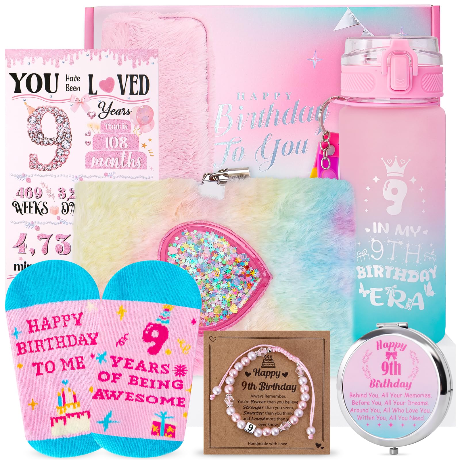 Gifts for 9 Year Old Girls, Happy 9th Birthday Gifts for Girls, Unique 9 Year Old Girl Presents for Daughter, Granddaughter, Niece, Sister, with 20oz Water Bottle Bracelet Socks Card Elegant Gift Box