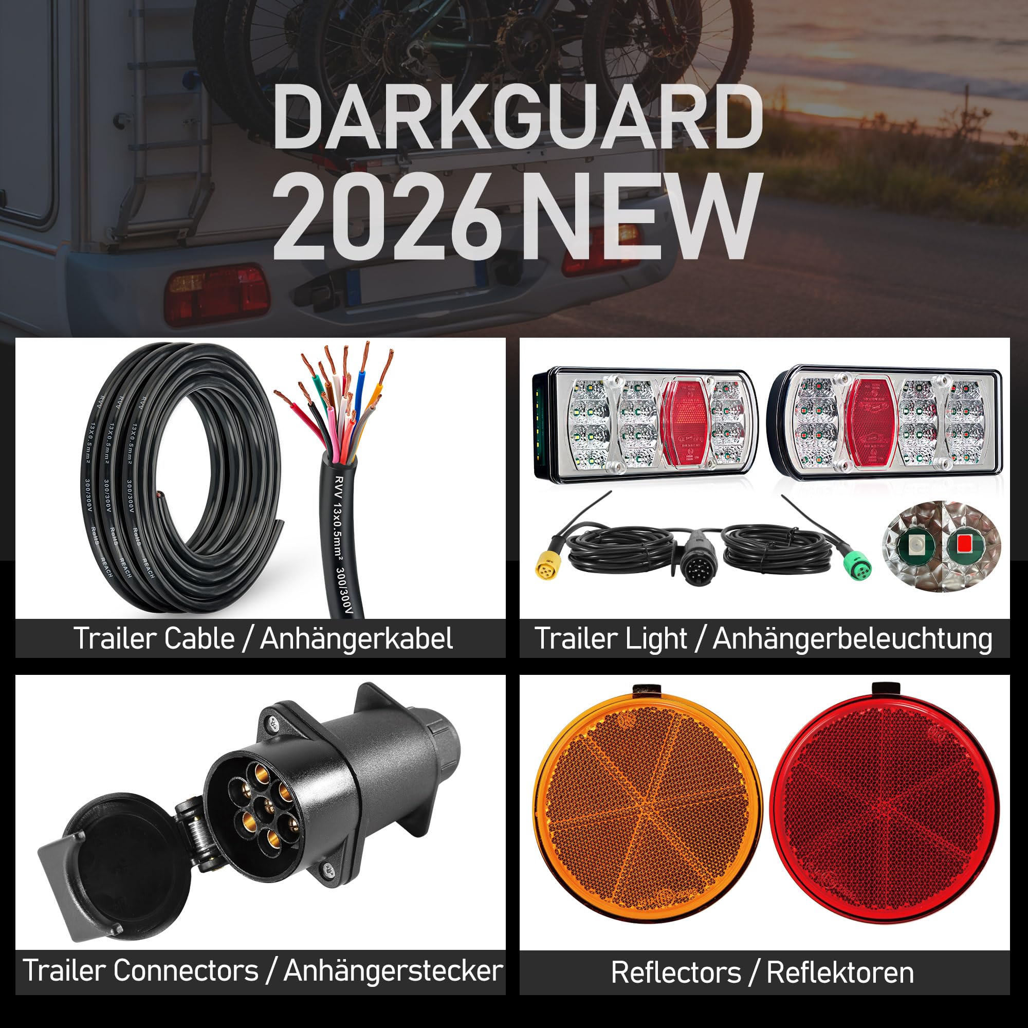Kit Fari Rimorchio 13 Poli Fanali Posteriore Led per Rimorchio 7 Funzioni 12V/24V con 5P Baionetta Cavo Pre-Cablaggio 5,5M + Extra 25cm per Luci Posizione/Nebbia/Targa, Omologati E57 IP65