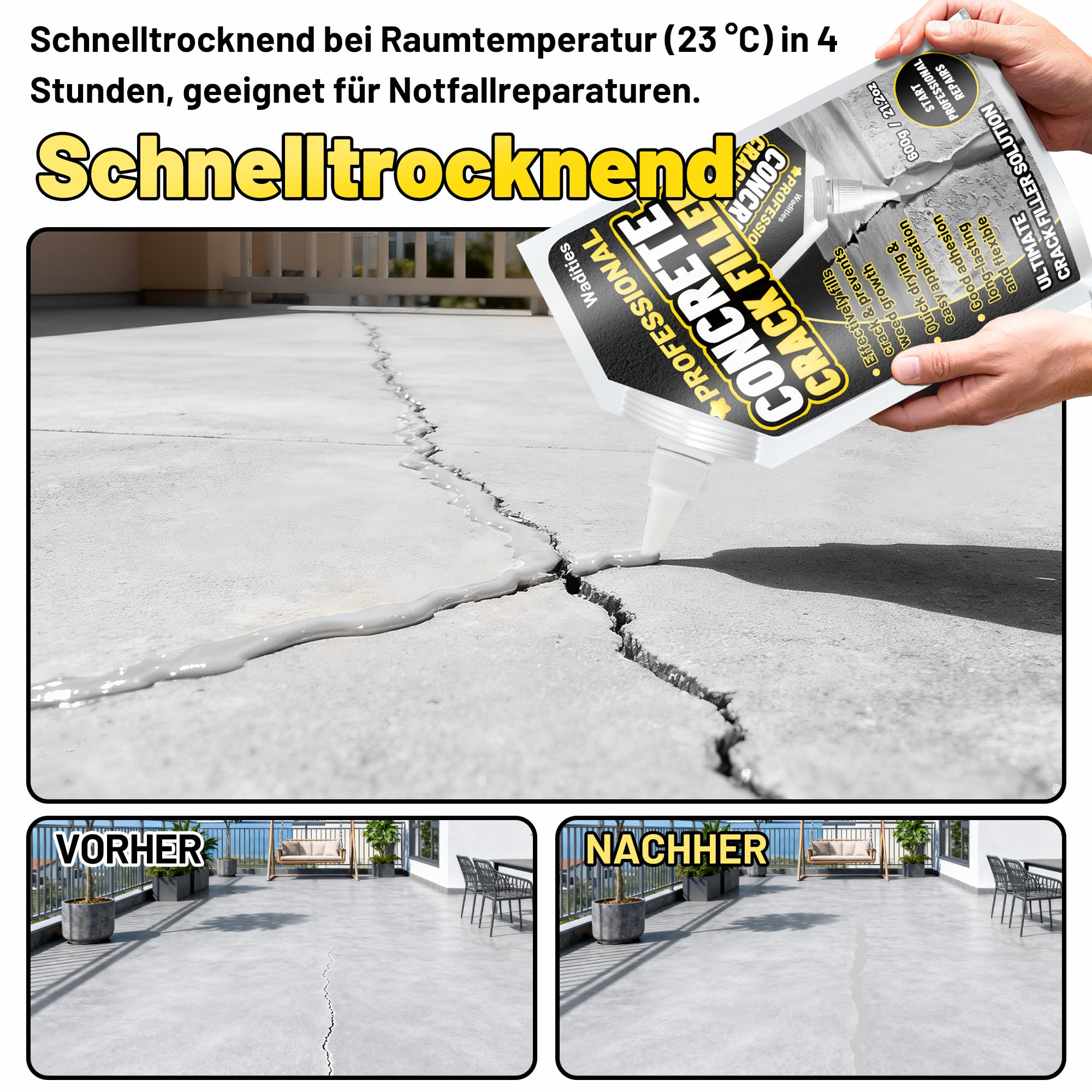 Betonrissfüller, 2.4kg Hochelastisches Selbstnivellierendes Wasserfestes Reparaturdichtungsmittel für Einfahrten, Gehwegfugen, Schnell trocknende Versiegelung für den Außenbereich – Grau