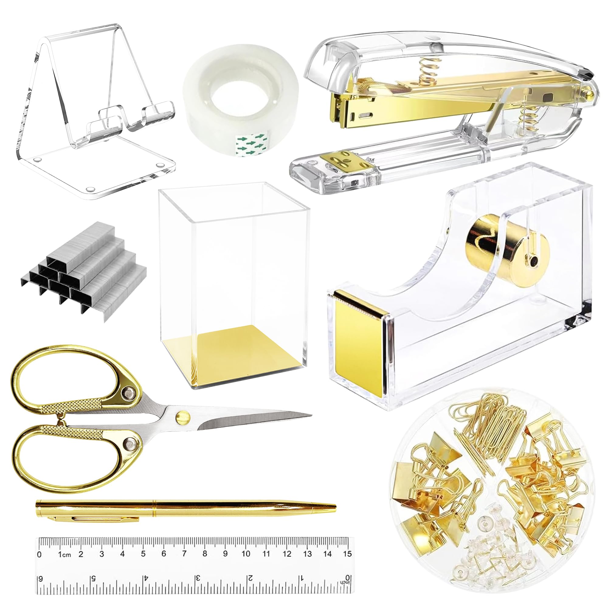 DRQ Gold Desk Accessories, Office Supplies Acrylic Stapler Set, 10Pcs Set for Office with Stapler, Tape Dispenser, Pens, Pen Holder, Phone Holder,