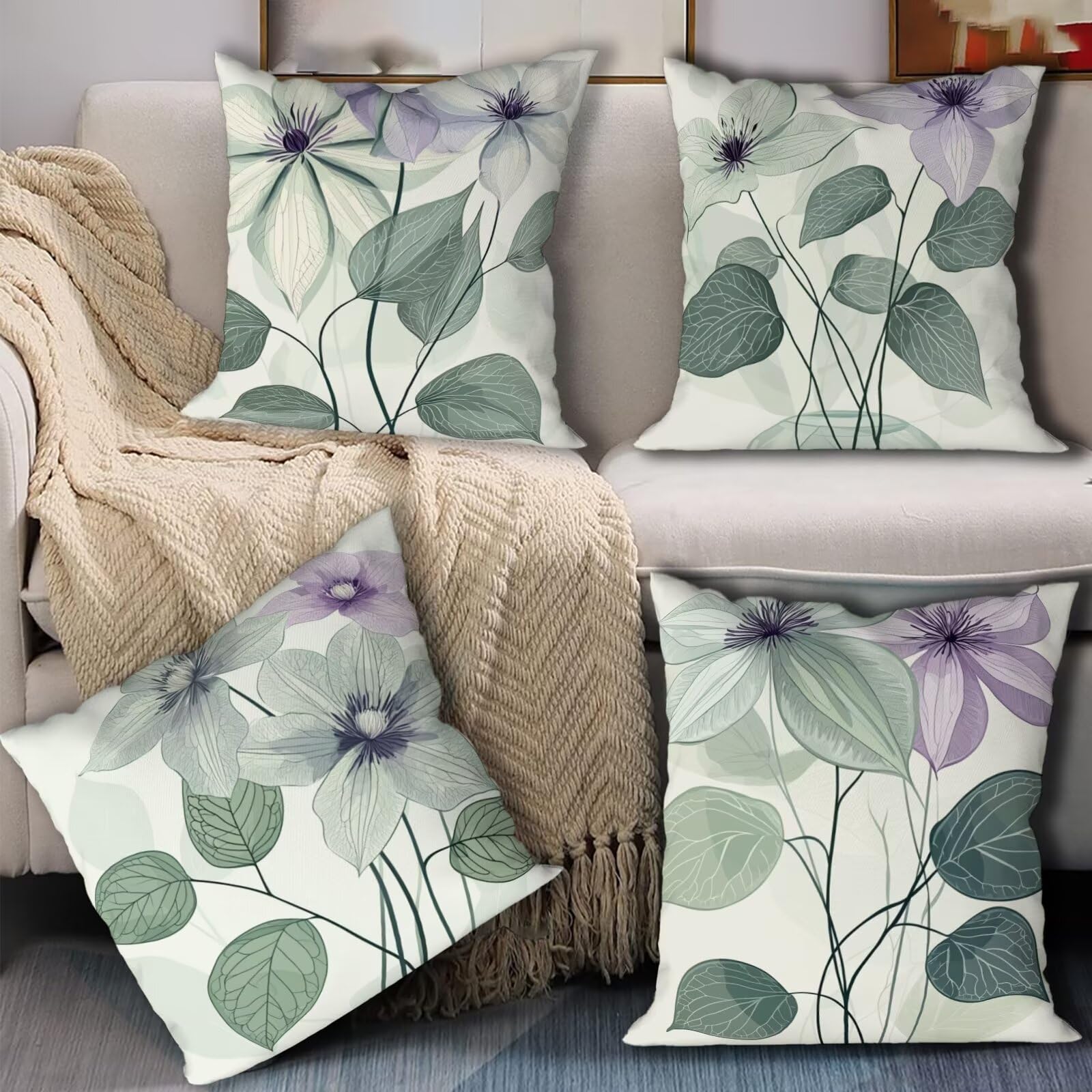 Juego de 4 Funda Cojin Verde 80x80 cm, Fundas Cojines Sofa Flor, Decorativos Cojines para Sofa, Decorativos Cojin de Terciopelo con Cremallera Oculta para Decorar Sala de Estar Cama Silla Coche R-24
