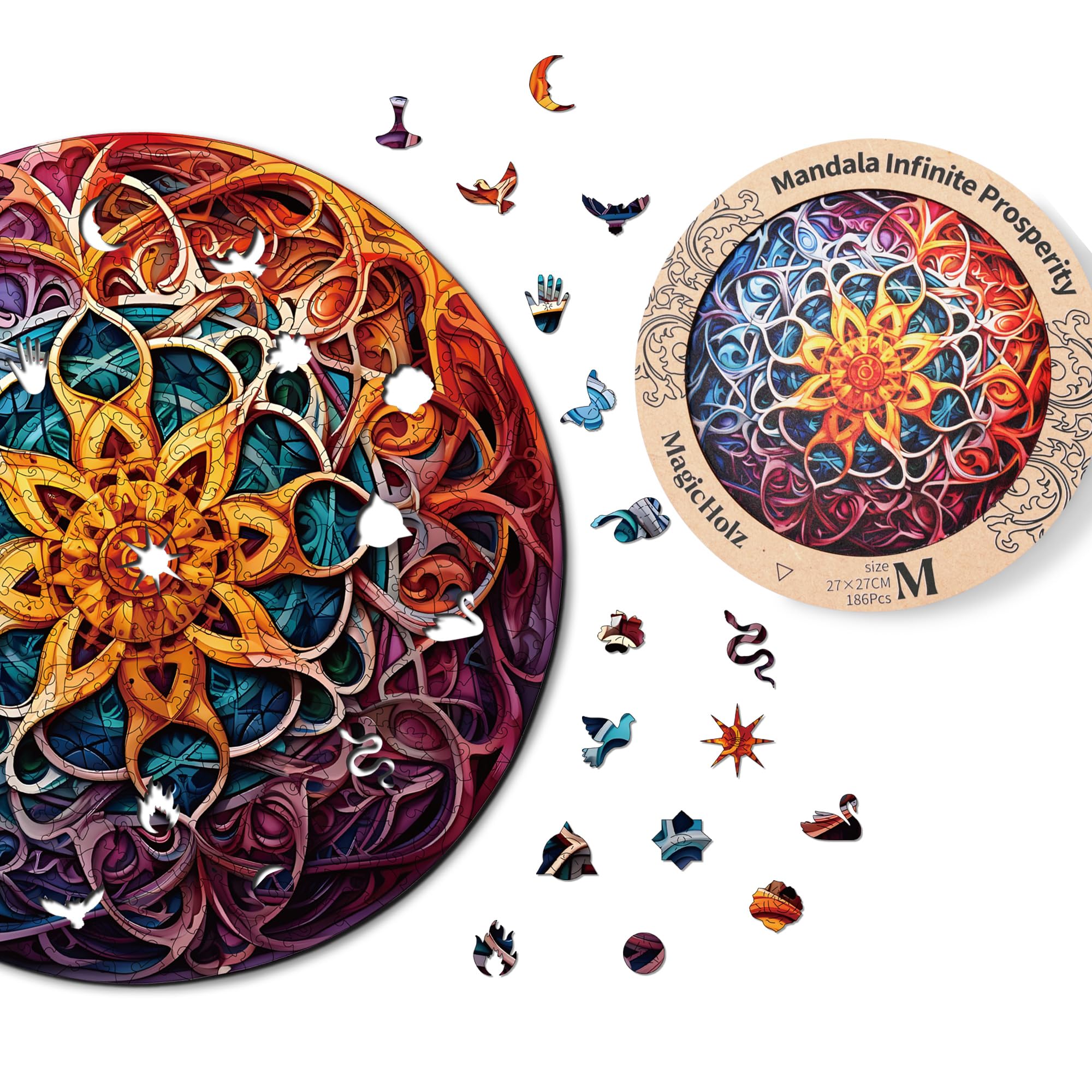 MagicHolz – Holzpuzzle Mandala Unendlicher Reichtum – rundes Holz Puzzle 553 Teile Ø 47 cm – besondere Geschenkidee für Erwachsene & Kinder – inkl.Premium Holzbox