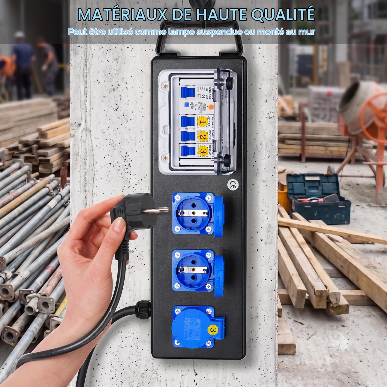 Coffret Électrique de Chantier - Coffret distribution portable avec 3 prises 250V 16A protection différentielle - Répartiteur avec fiche CEE 3P et câble 2m pour chantiers, caravanes