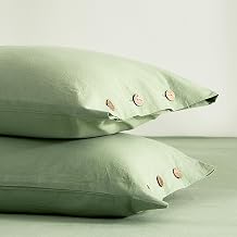 JELLYMONI 100% Washed Cotton Standard Pillowcases Set, 2 Pack Linen-Like Texture Breathable Pillow Covers with Button Closure,Mint Green Standard 20"26"Pillows are not Included