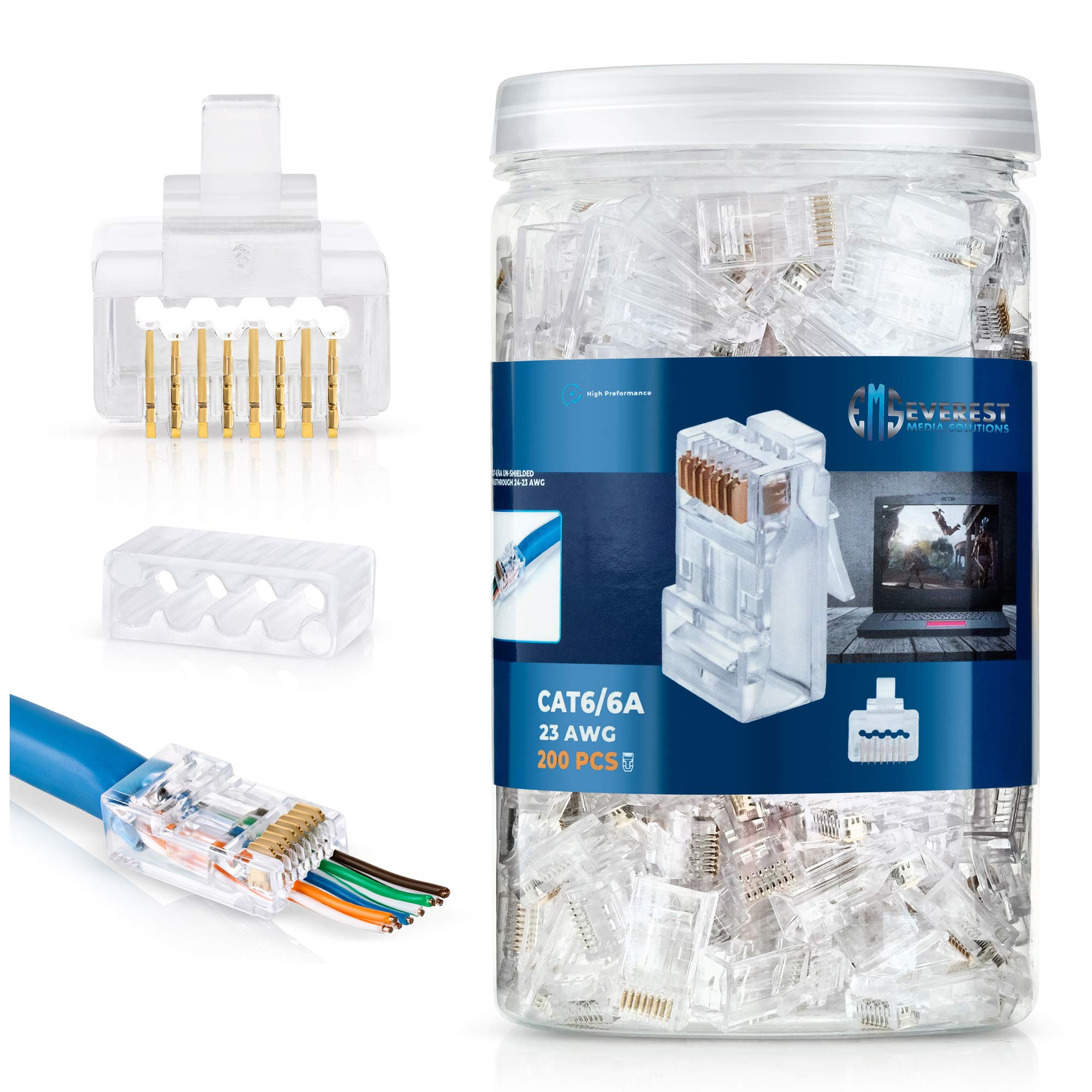 Everest Media SolutionsRJ45 Cat6/6a Pass Through Connectors for a Thick 23 AWG Large Diameter UTP Network Cable, 200 Pcs | Insert Guides Included