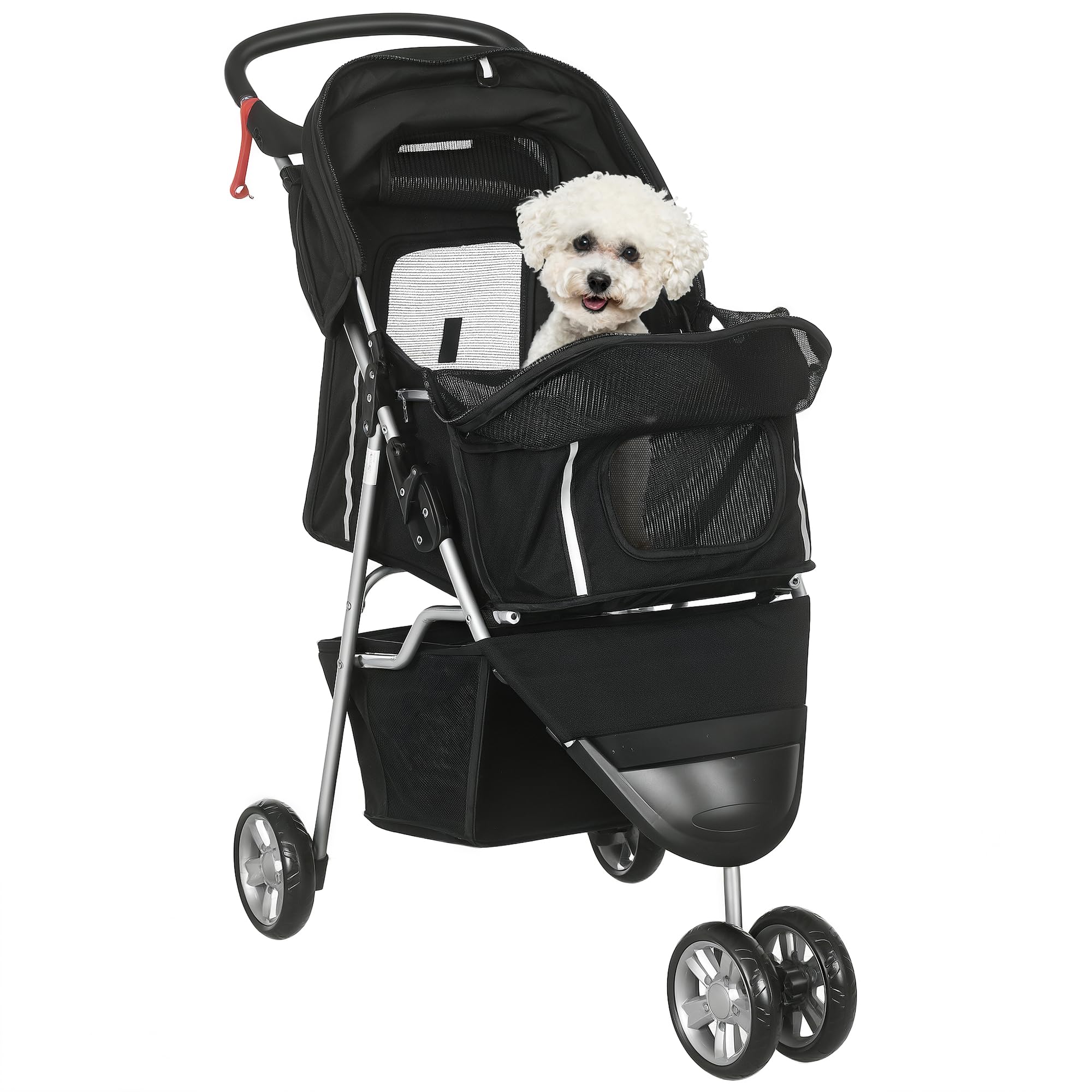 PawHut Carrito para Perros Plegable con Ruedas 10 kg 77x44x102 cm Negro | Cochecito para Mascotas, Cesta de Almacenaje, Ventanas de Malla, 2 Ruedas Universales, Carga 15 kg