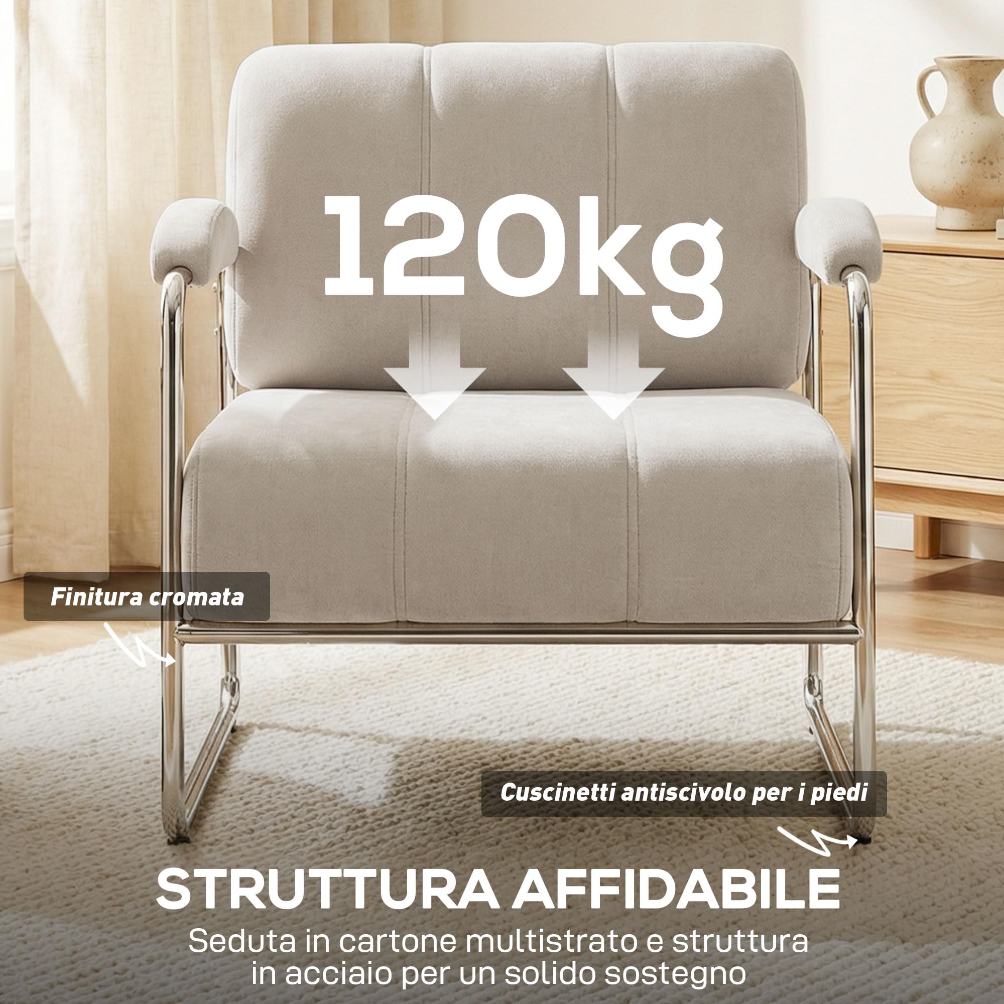 HOMCOM Poltrona Salotto Imbottito in Ciniglia con Doppie Cuciture, Poltroncina Camera da Letto Moderno con Braccioli e Gambe in Acciaio, per Soggiorno, Ufficio e Camera da Letto, 76x75x76 cm, Beige