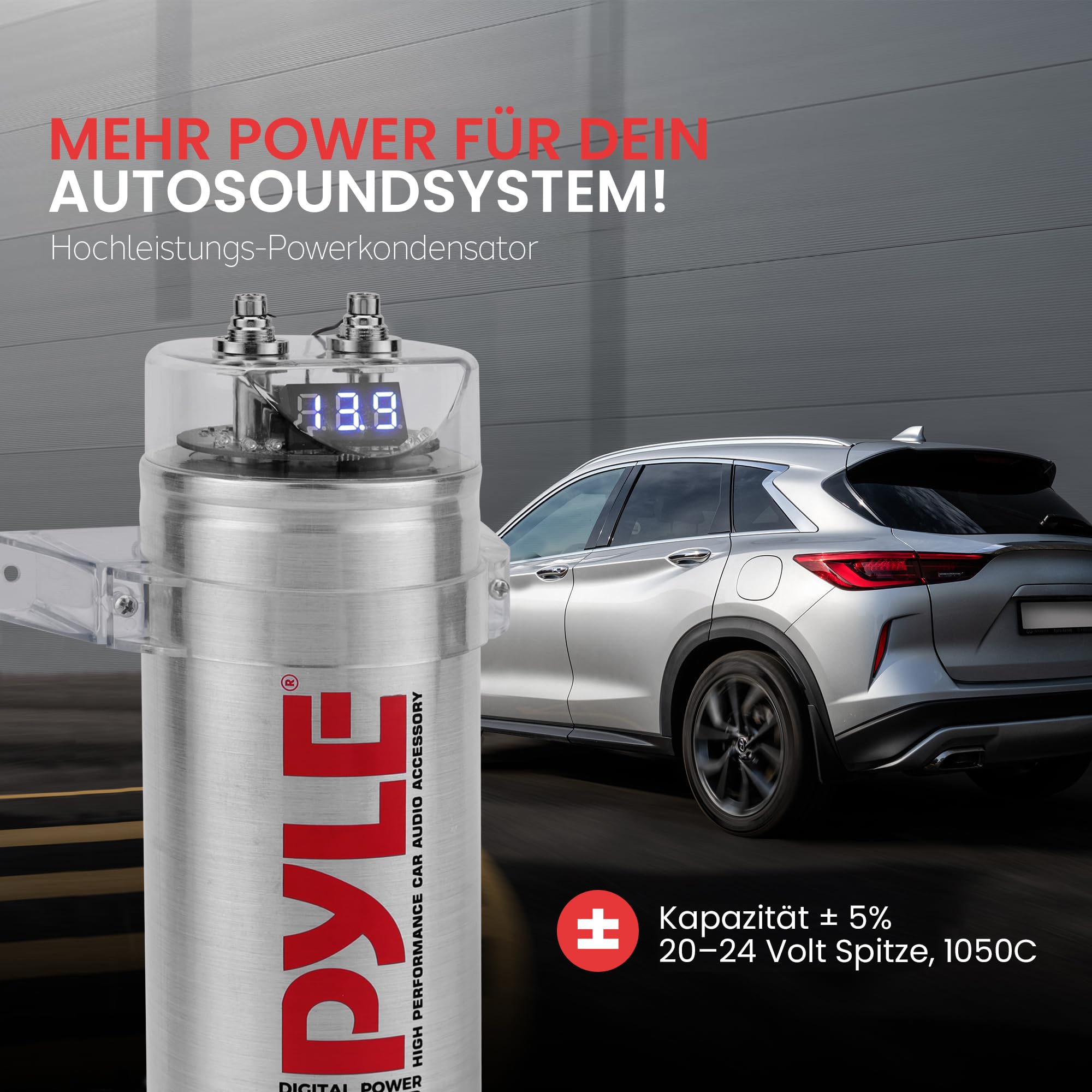 Pyle 6,0 Farad Digitaler Leistungskondensator - Hochleistungszubehör für Auto-Audio mit blauer Digitalanzeige | Spannungsanzeige | Überspannungsschutz | Montagesatz | DC 12-24V