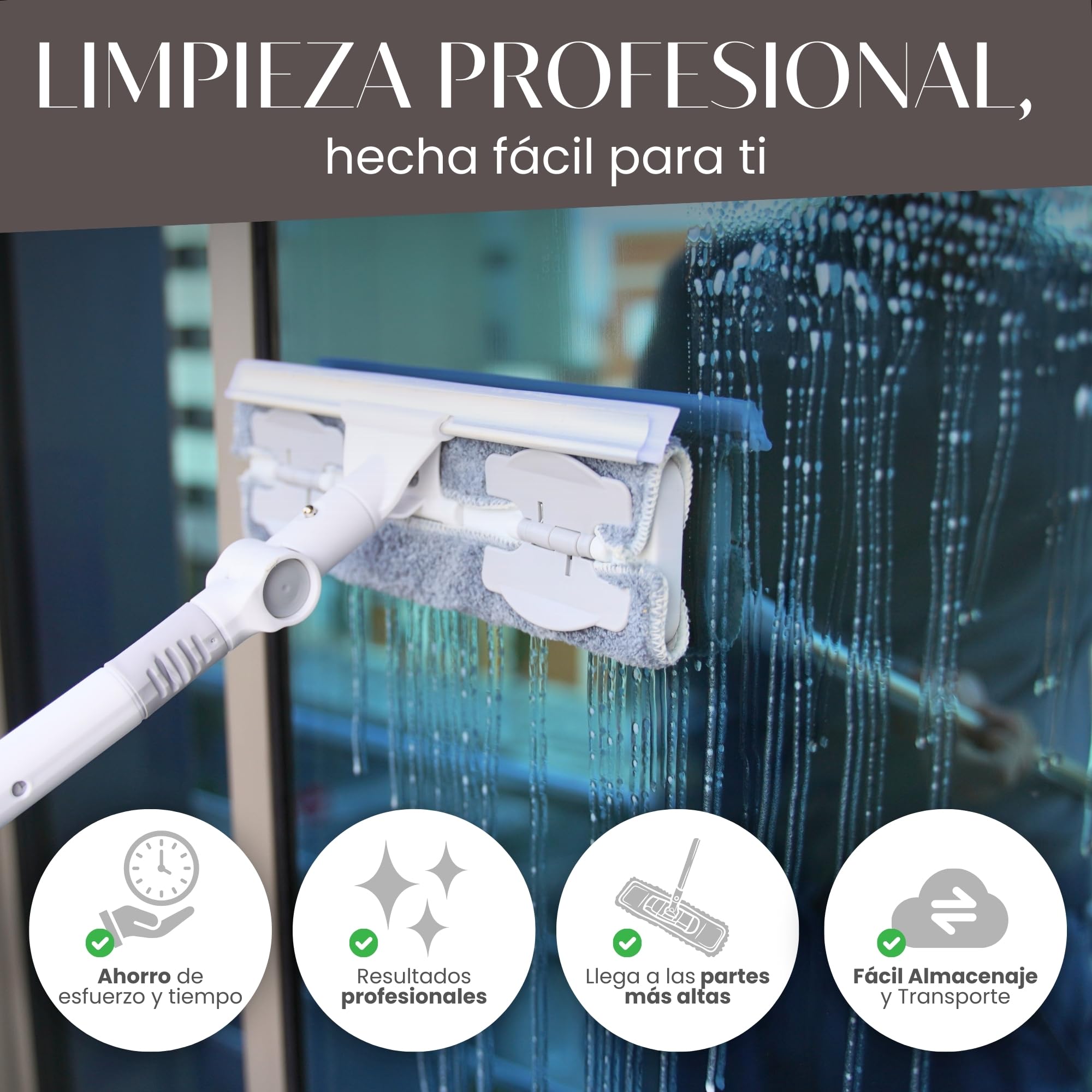 Kit Limpia Cristales Profesional con Palo Largo Extensible 2 en 1 (208 cm) | Rasqueta Limpiacristales Articulada para Ventanas | Cabezal Desmontable para Limpiar Ducha